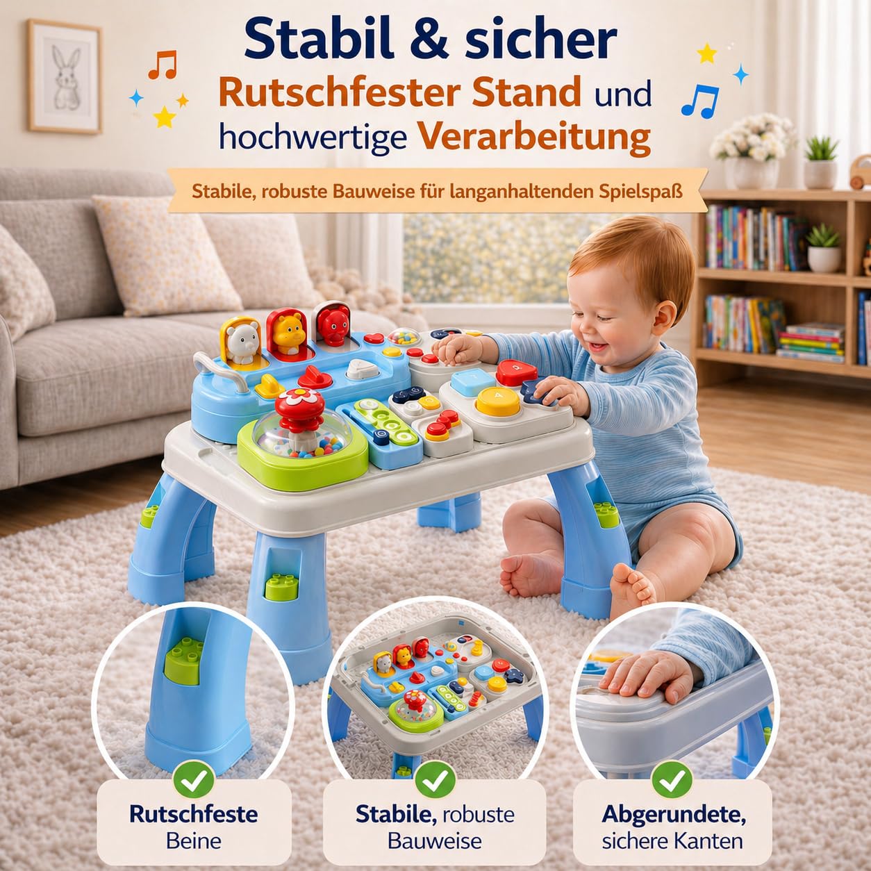 AMAYO - Baby Aktivitätstisch Montessori ab 9-36 Monate – Interaktiver Babys Entdeckertisch Spieltisch mit Motorikspielzeug, Musik & Lernspielen – Lernspielzeug oder Geschenk für Babys & Kleinkinder