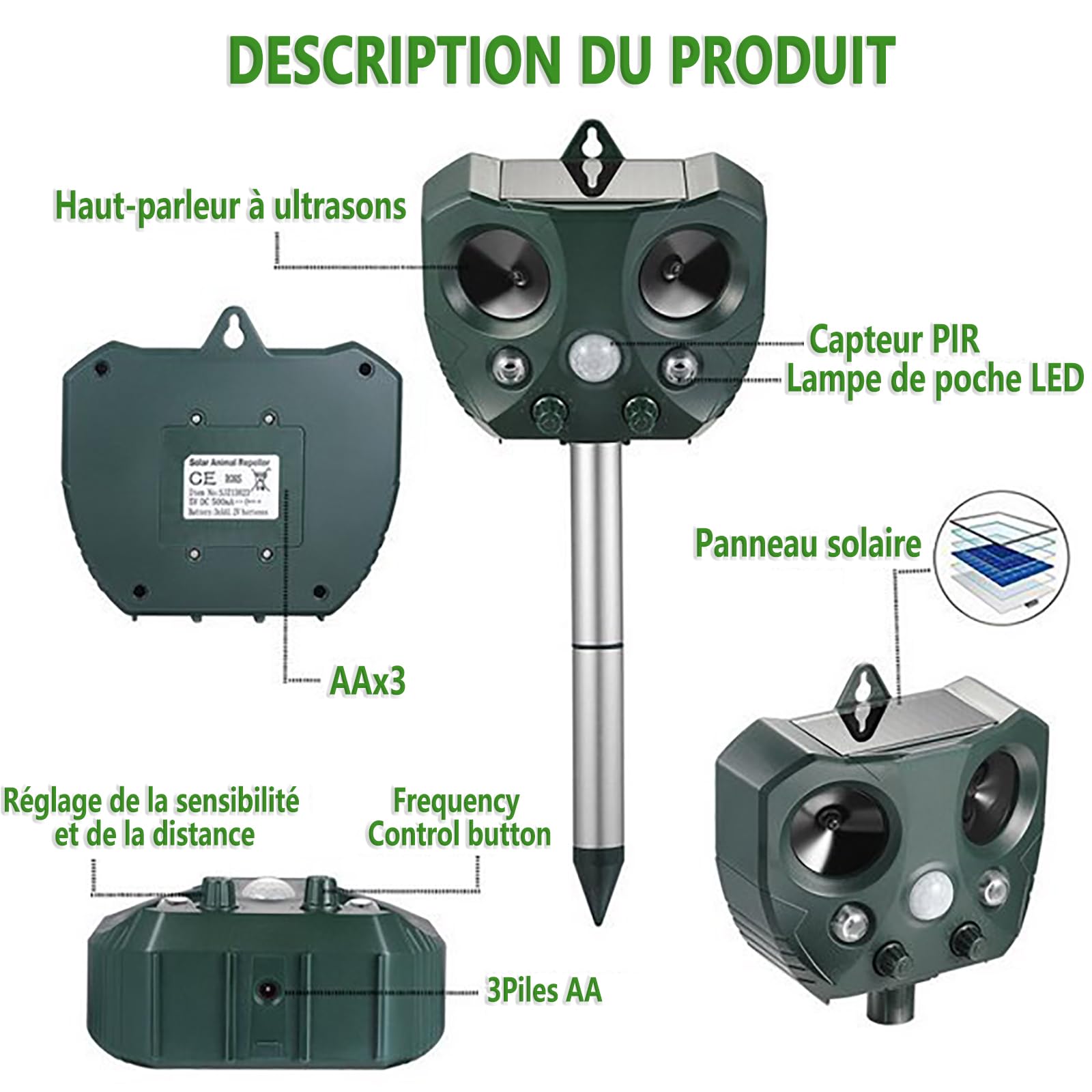 Répulsif Animaux Solaire, Repulsif Chat Exterieur, Ultrason Oiseau, Répulsif Souris, Ultrason Charge Solaire, Chargement USB, Jardin pour Cours, Fermes, Champs (A)