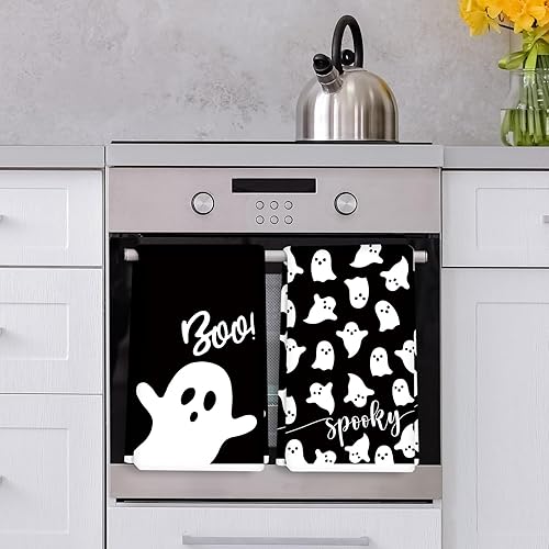 Miniatura 7 de Toalla de cocina de Halloween de 18 x 28 pulgadas, paño de cocina de fantasma blanco y negro, toalla de té de secado a mano para Halloween, hornear,