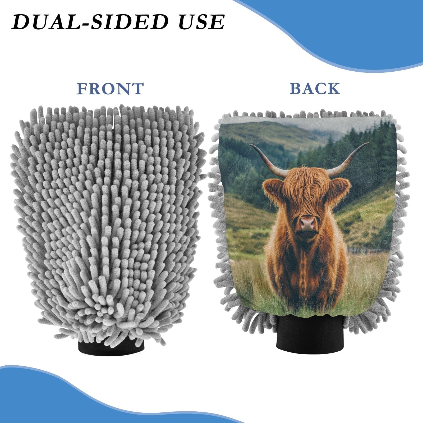 Flradish 2 Pack Highland Cow Car Wash Mitt Chenille Microfiber Lint-Free Scratch Free Ultra-Soft Absorbent Car Wash Mitt 10.2x7.09 Inch