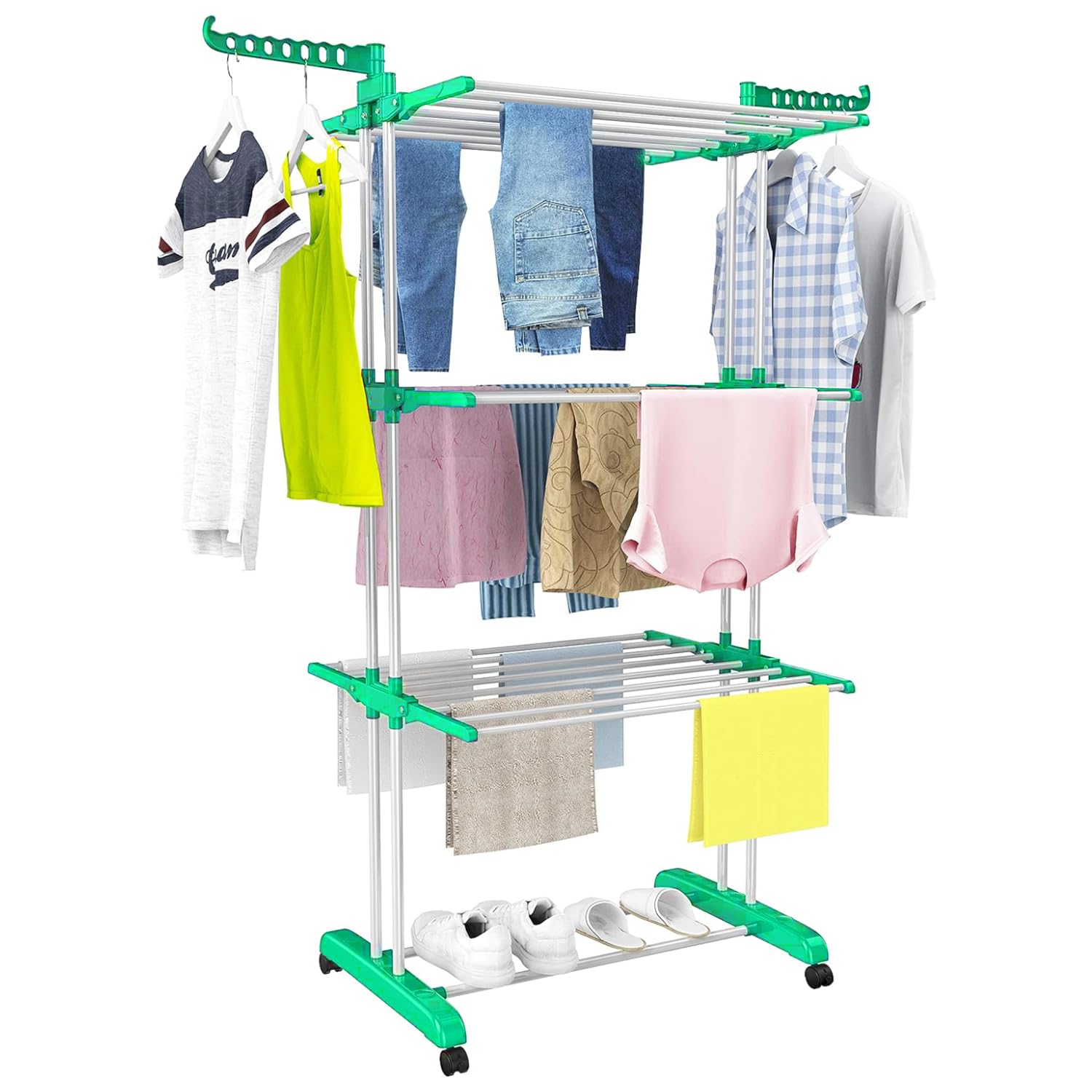 Amazon Brand - Umi MaxDry Cloth Drying Stand| Perfect Use for Balcony and Indoor Laundry Racks| Cloth Dryer Stand for Drying Clothes|Cloth Hanging Drying Stand, 3-Level, (Green)