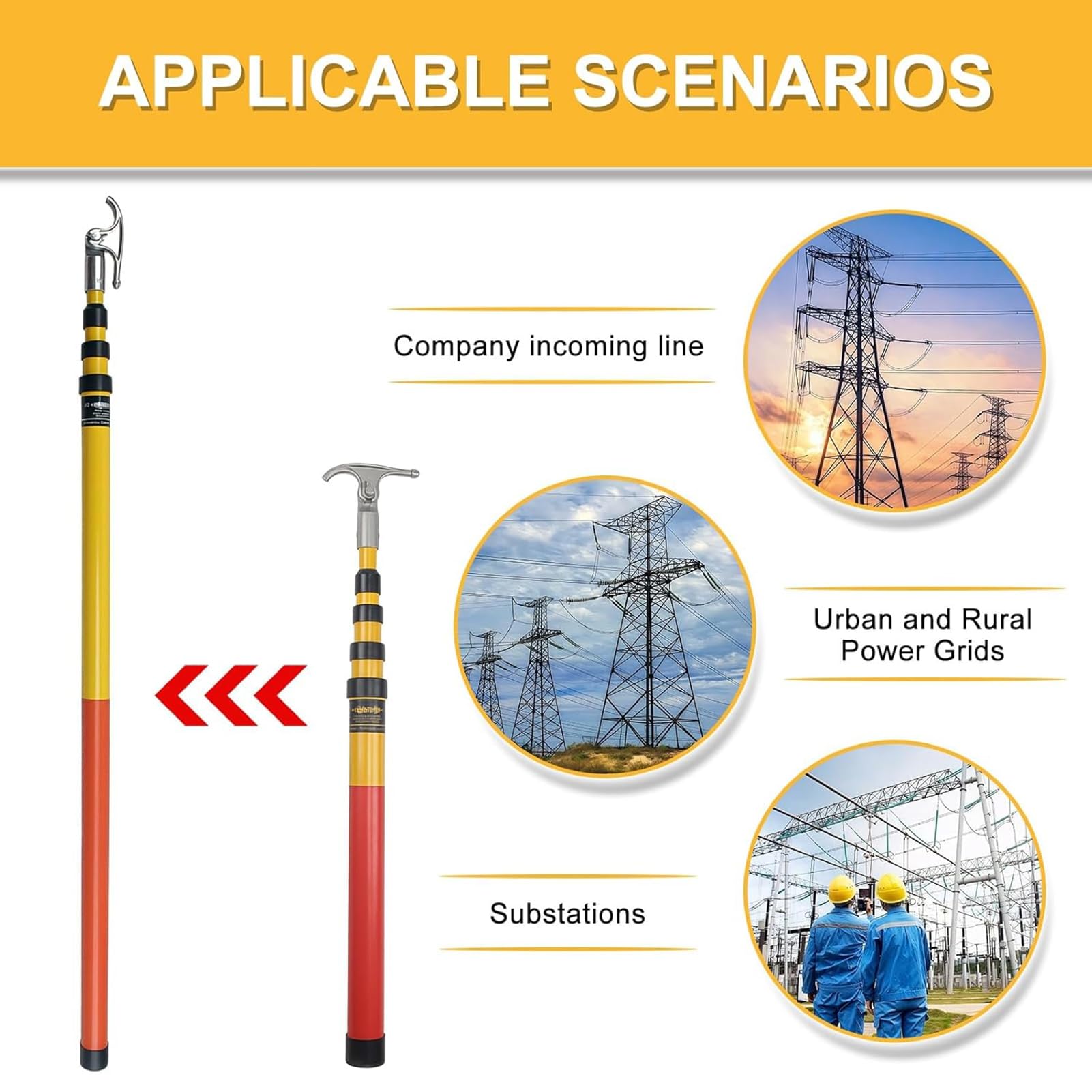 Gancho de rescate telescópico aislado con mango antideslizante, palo caliente de fibra de vidrio para electricistas, herramienta de seguridad portátil de 7 m para centrales eléctricas