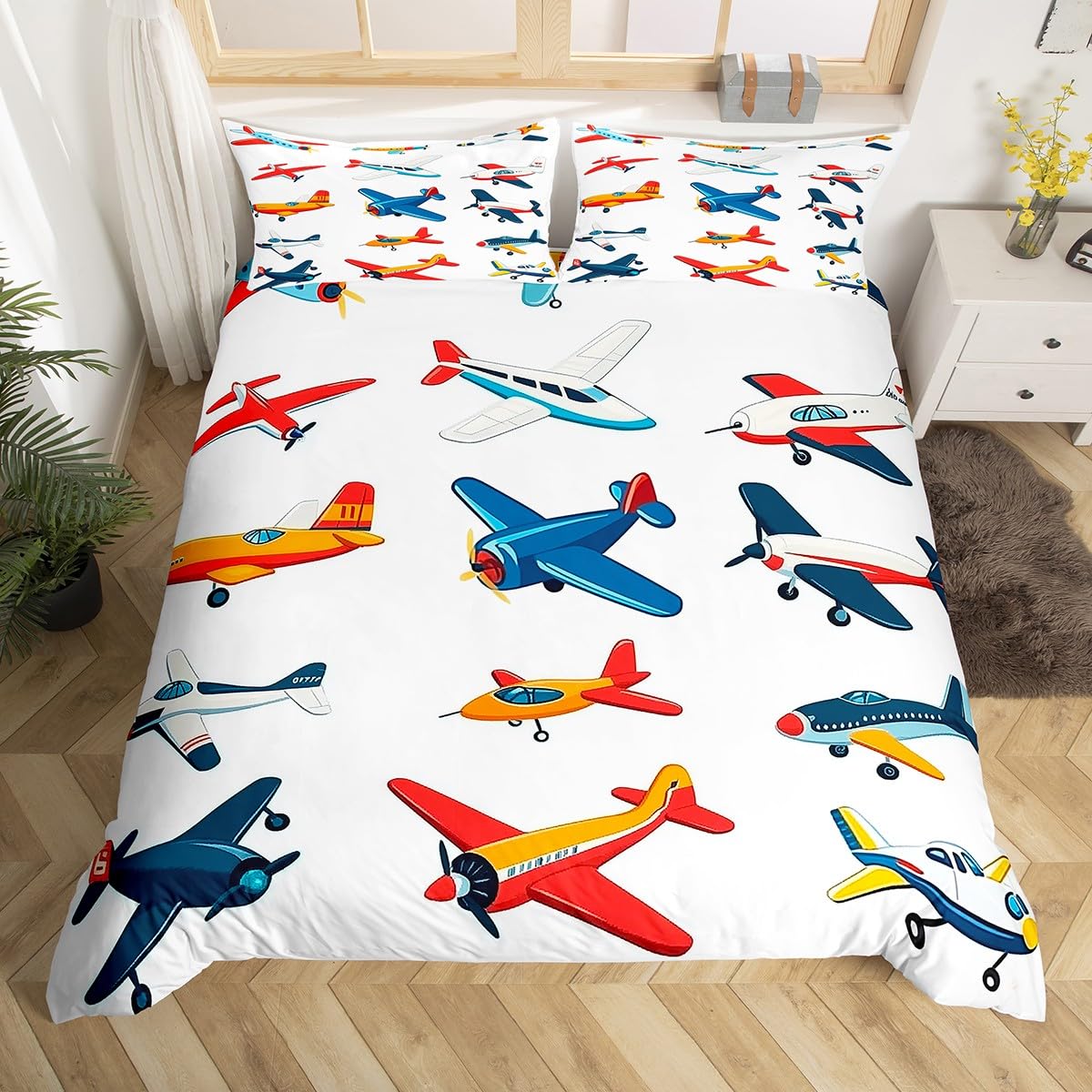 Homewish Cartoon Airplane Single Duvet Cover for Kids Boys, Cute Colorful Planes Pattern Bedding Set Cartoon Propeller Plane Print Duvet Cover Set, Aviation Aircraft Bed Sets — image 1