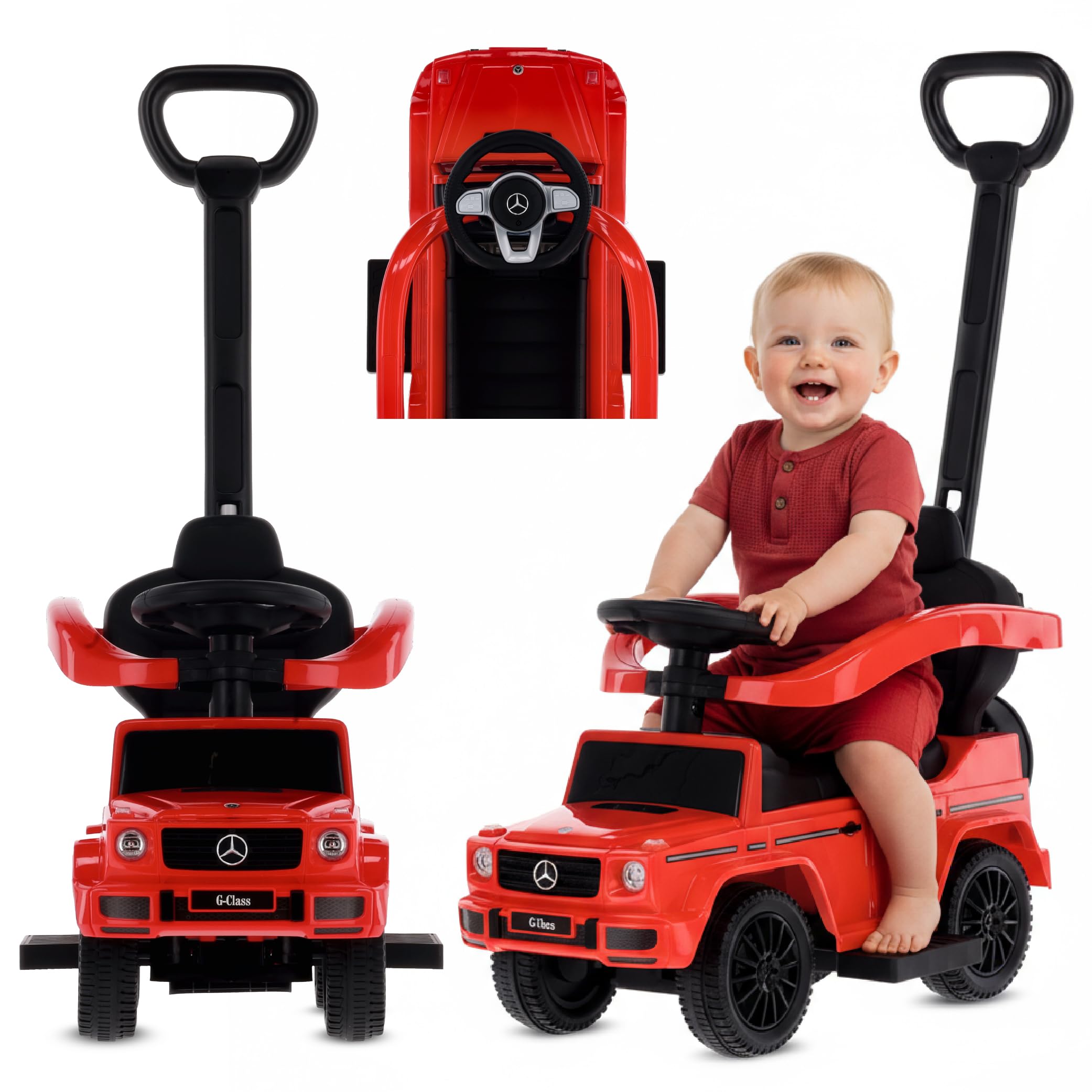 sun baby Coche de Empuje Mercedes Benz G con Licencia, Coche para Niños a Partir de 1 año, Volante con Sonido, Asiento y Ruedas de plástico, Barra de Empuje (Rojo)