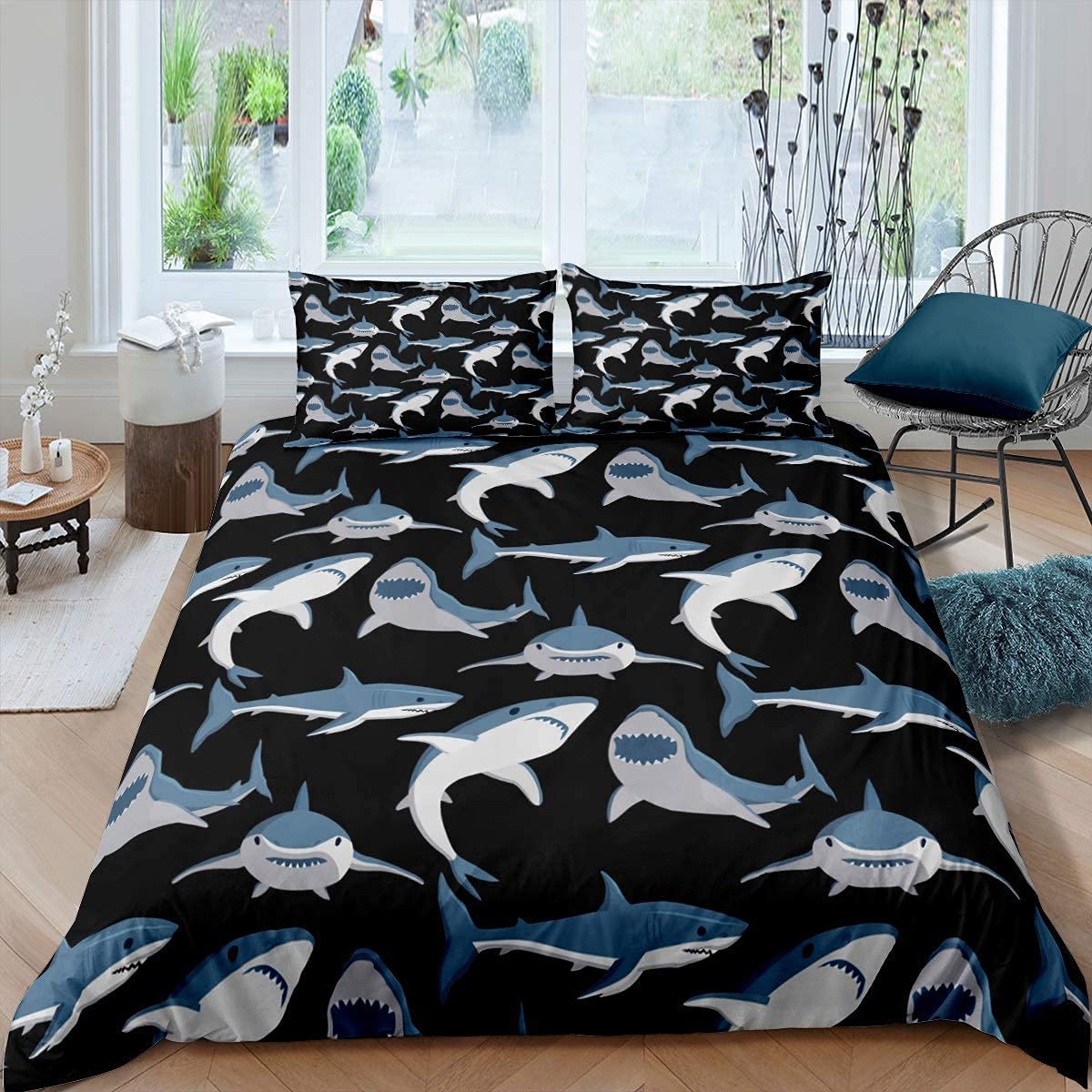 Homemissing Kids Cartoon Sharks Duvet Cover Ocean Marine Bedding Set Scary Sea Underwater Animal Comforter Cover for Boys Children Creature Sealife Bedspread Double Size