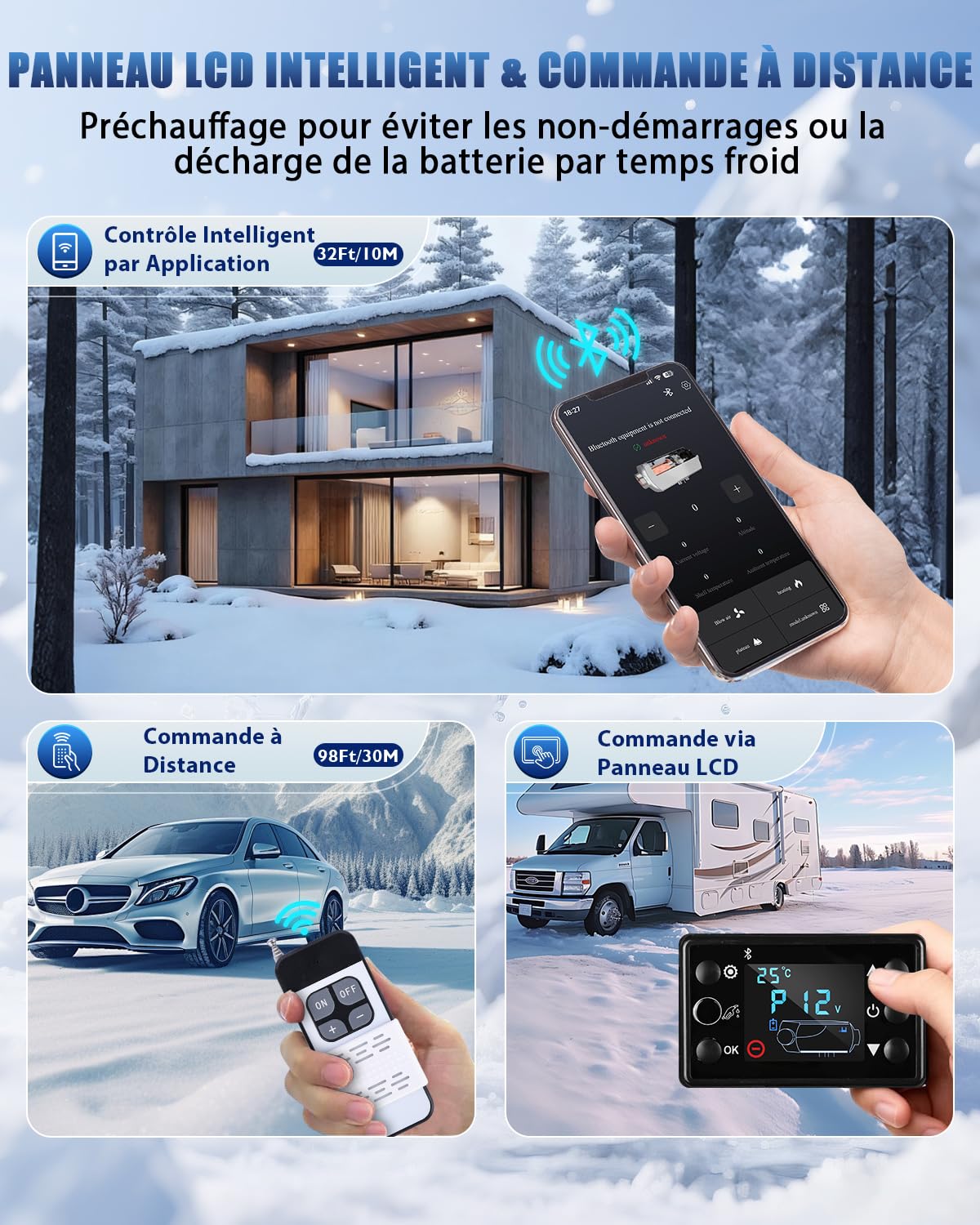 Chauffage Diesel Portable 8 kW 12V/24V/220V - Réchauffeur d’Air Diesel Rapide avec Contrôle APP Bluetooth, Télécommande et Écran LCD - Alarme CO Intégrée - Pour Voiture, Bateau, Camping Car (15-25 m²)