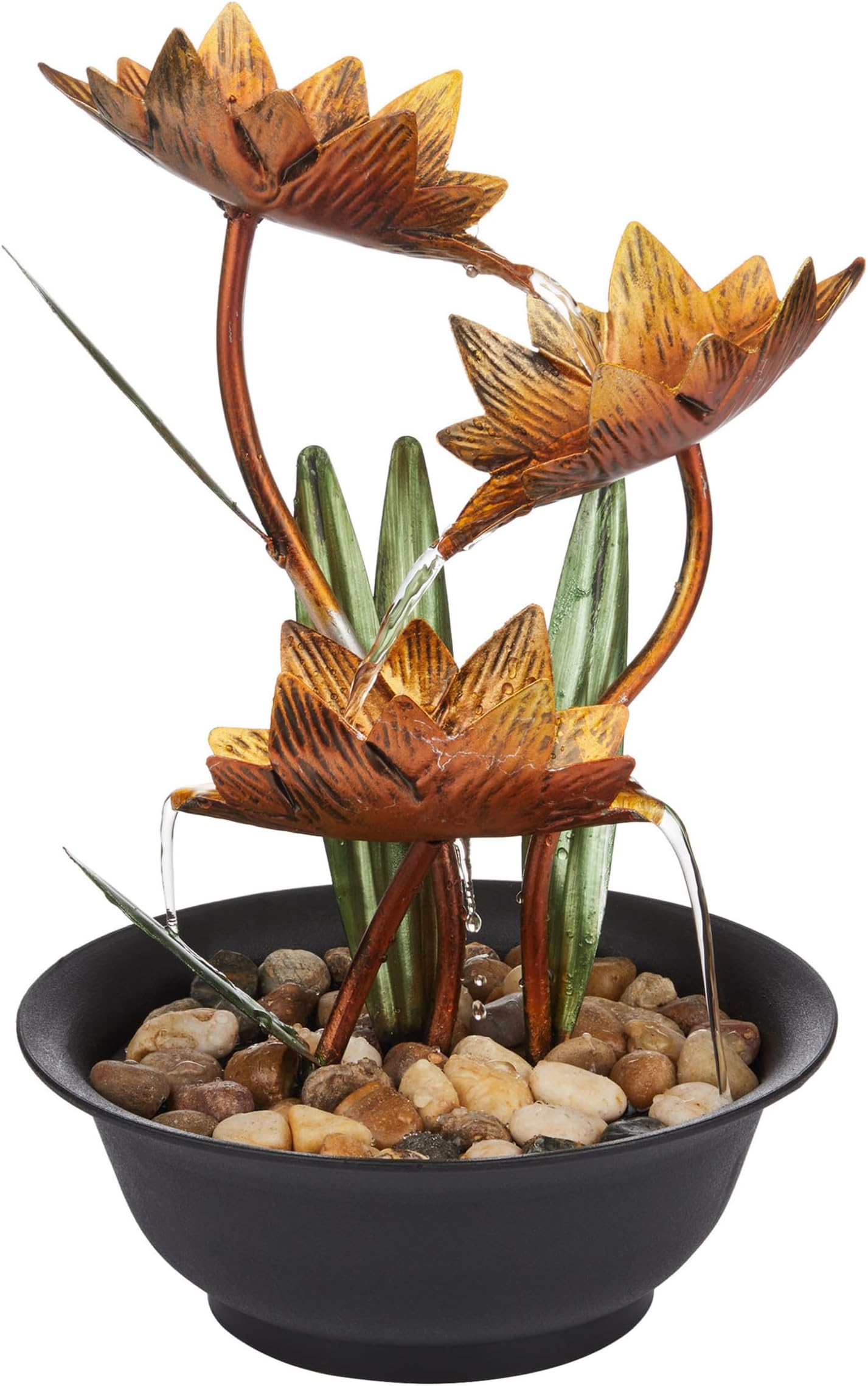 Alpine Corporation ZEN924 Indoor Tabletop Multi-Tiered Metal Lotus Flower Water Fountain with Stone-Filled Base, 13"