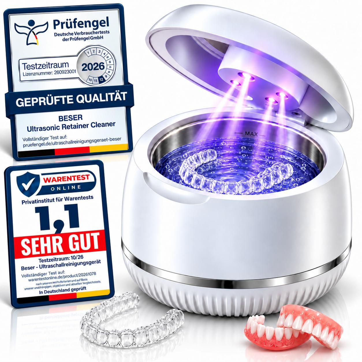 Ultraschallreinigungsgerät Zahnschiene Reinigung, IPX6 47 kHz (Milchweiß) – Amazon Angebot