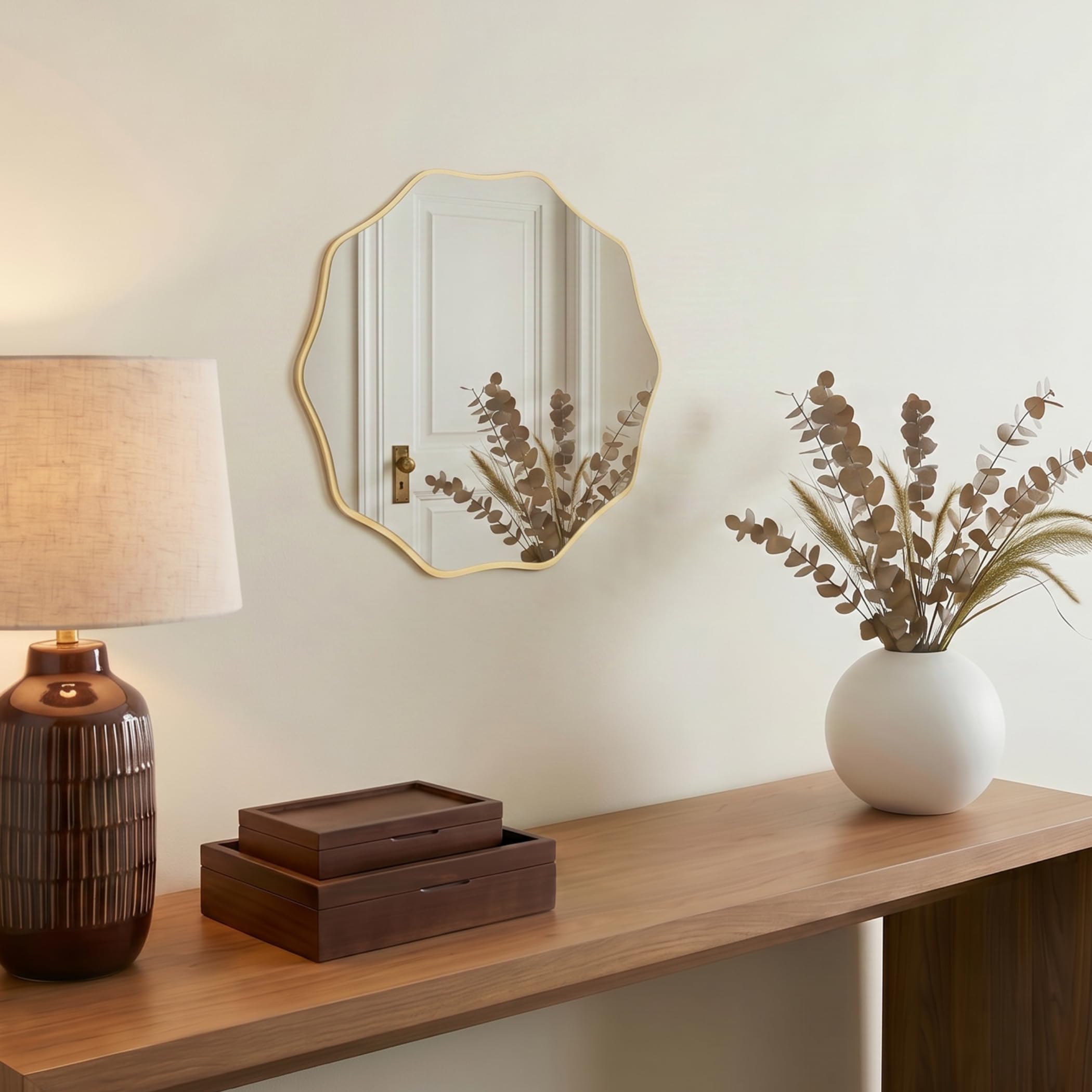 PERFNIQUE Specchio da parete rotondo ondulato con cornice in legno, specchio decorativo da appendere o appoggiare, specchio da bagno, specchio da corridoio, soggiorno, design in legno naturale (oro