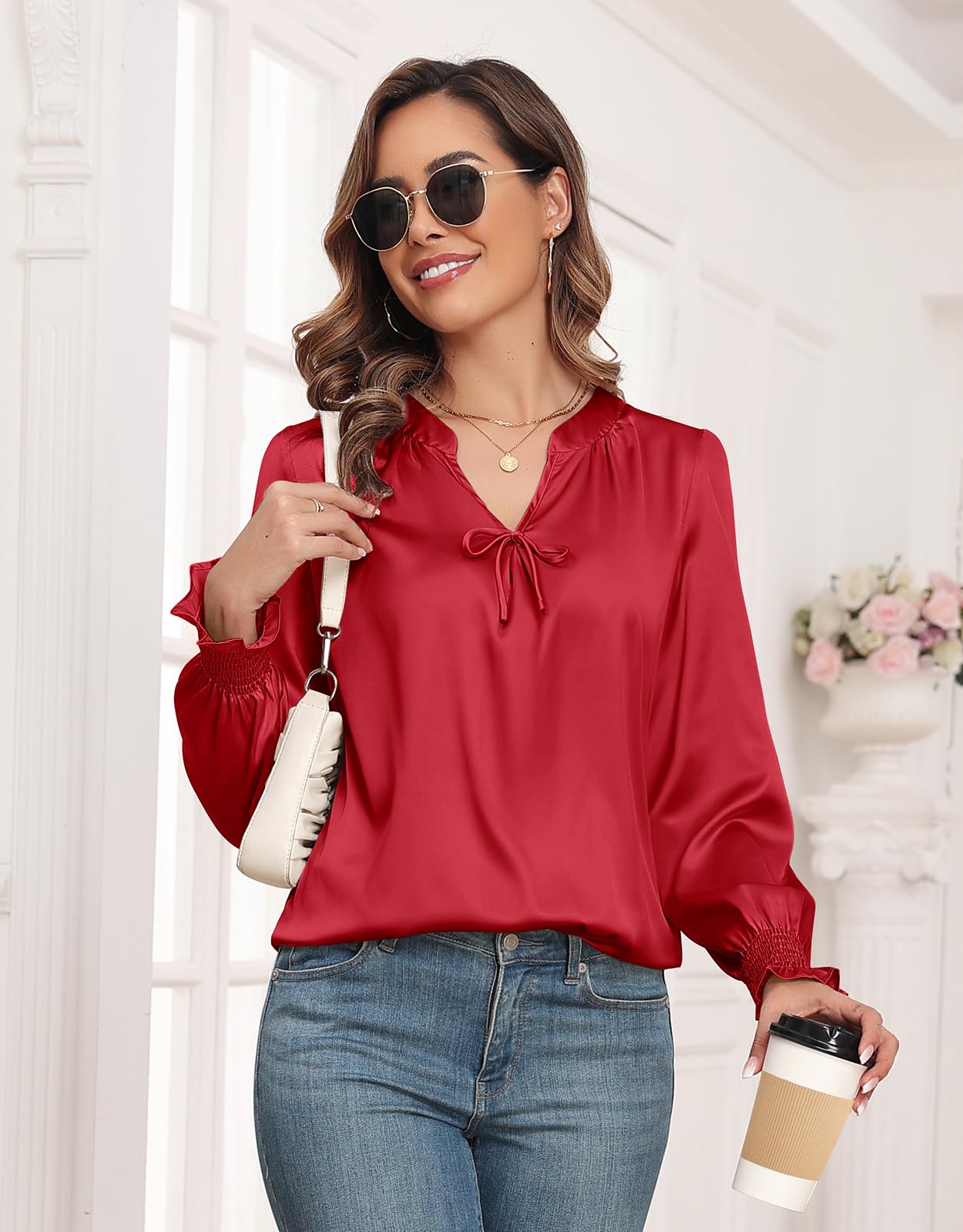 ZAFUL Womens Going Out Satin Tops 2025 Vintage Cute Bow V Neck Silky Blouse Y2K Puff Sleeve Work Shirts