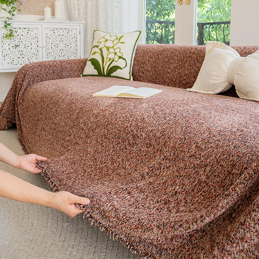 Funda de sofá de chenilla marrón bohemia de 180x230 cm protectora antideslizante lavable