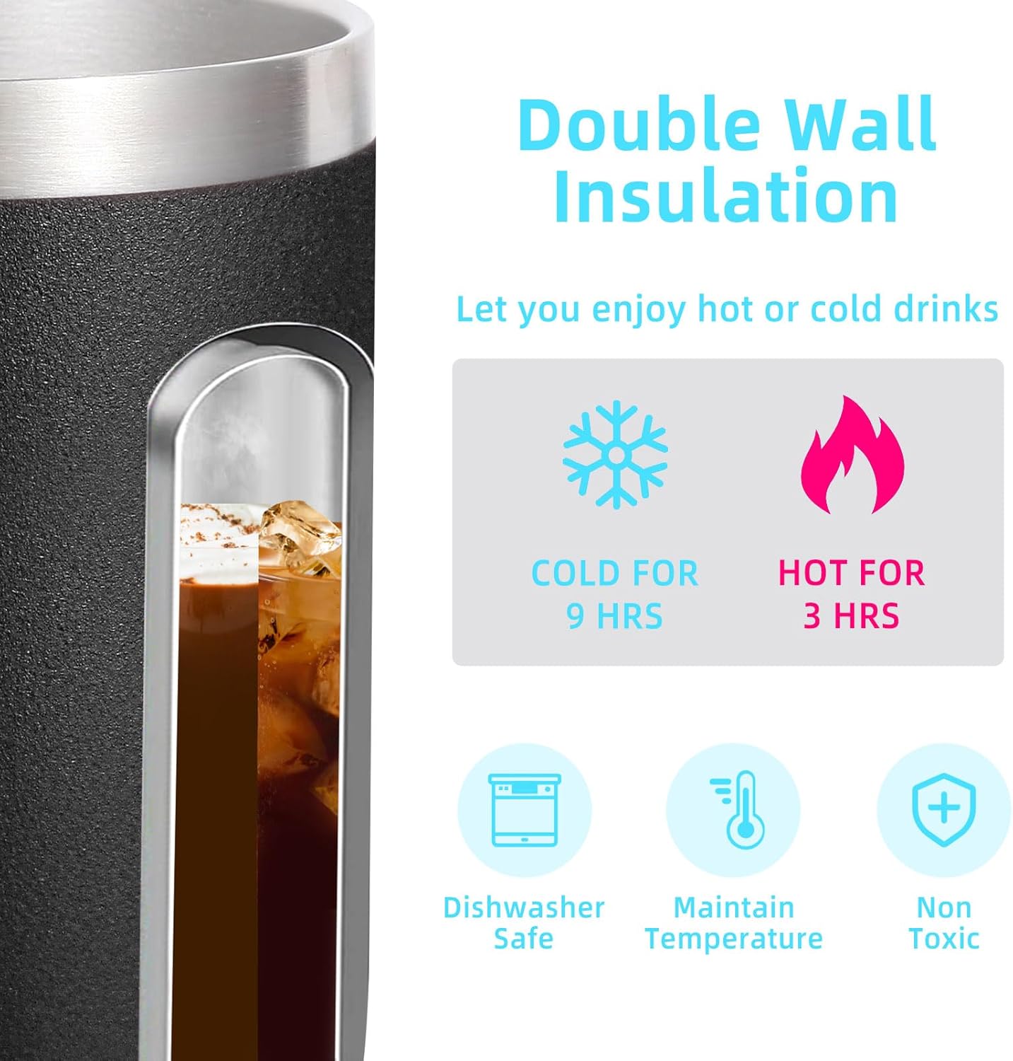 Volhoply 14oz Insulated Stainless Steel Coffee Mug with Lid Bulk 8 Pack,Double Wall Vacuum Travel Coffee Cup with Handle,Reusable Metal Cups Tumbler,Camping Mugs Keep Hot,Ideal Gifts(Black,8) - Image 3