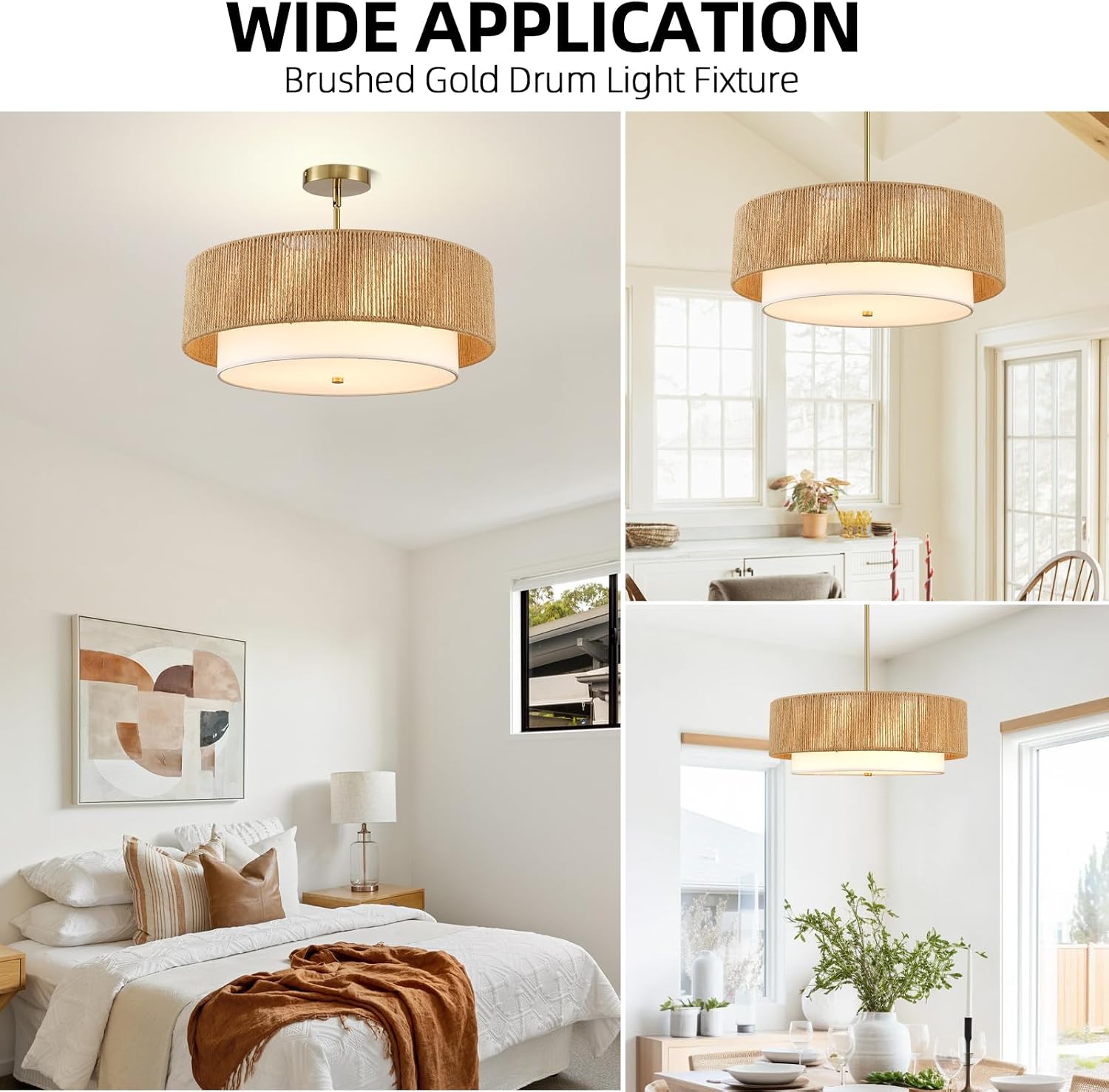 18'' Boho Rattan Chandelier Drum Pendant Light with Fabric Lampshade Hanging Light Fixture 3-Light Farmhouse Chandeliers for Dining Room Bedroom Kitchen Hallway Foyer