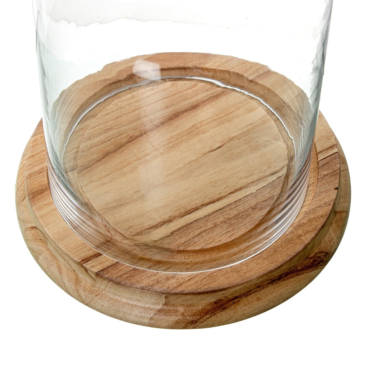 DRW Fanal de Cristal con Base de Madera en Transparente y Natural 19x19x25cm