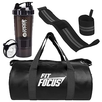 (Pack of 3) Bag Combo for Gym Shaker Bottle with Gym Bag and Wrist Band|| Shaker Bottle 500 ml ||Gym Duffel Bag for Fitness | Shoulder Gym Bags|| Wrist Support Gym Men and Women (Black)