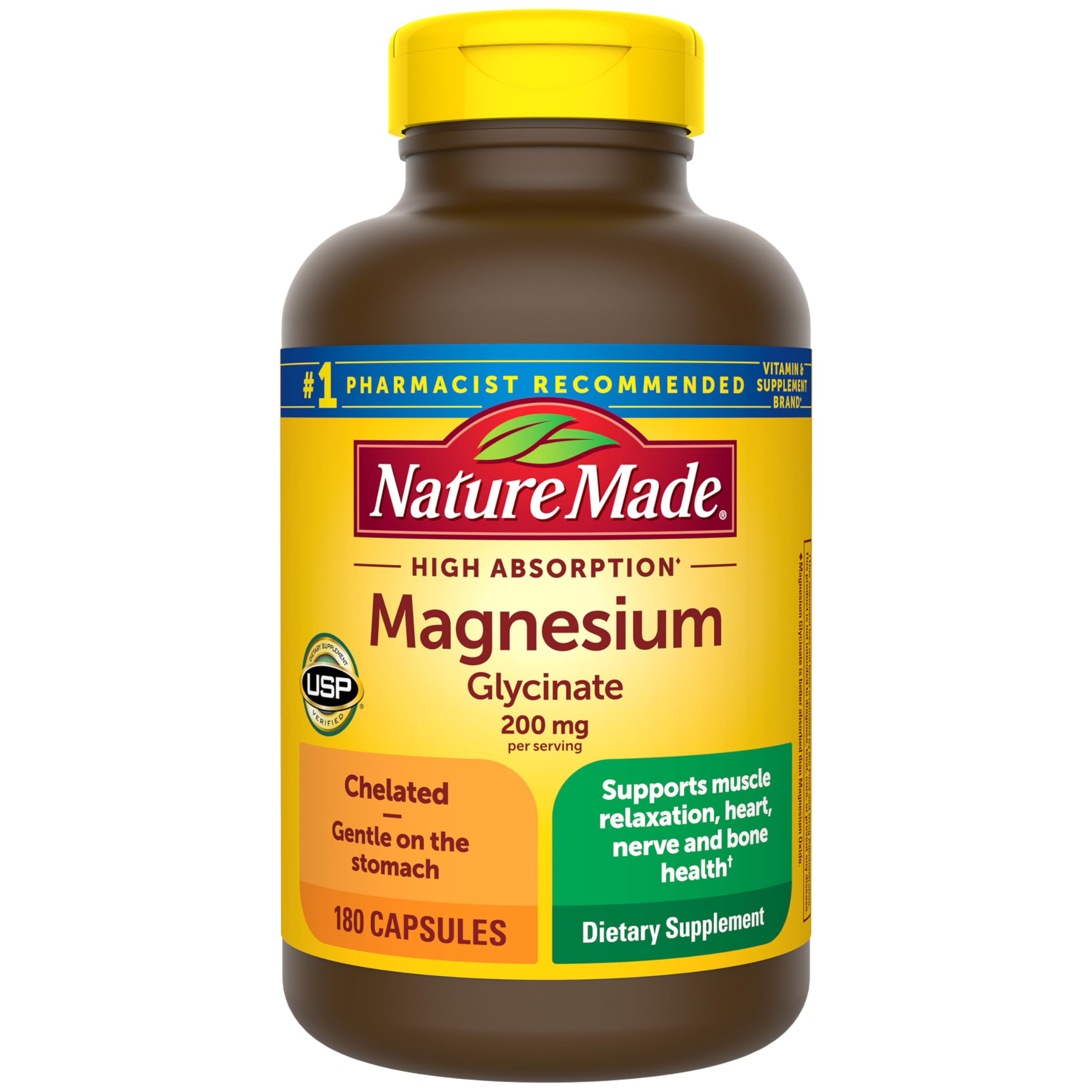 Magnesium Glycinate 200 mg per serving, Magnesium Supplement for Muscle, Heart, Nerve and Bone Support, 180 Magnesium Bisglycinate Capsules, 90 Day Supply
