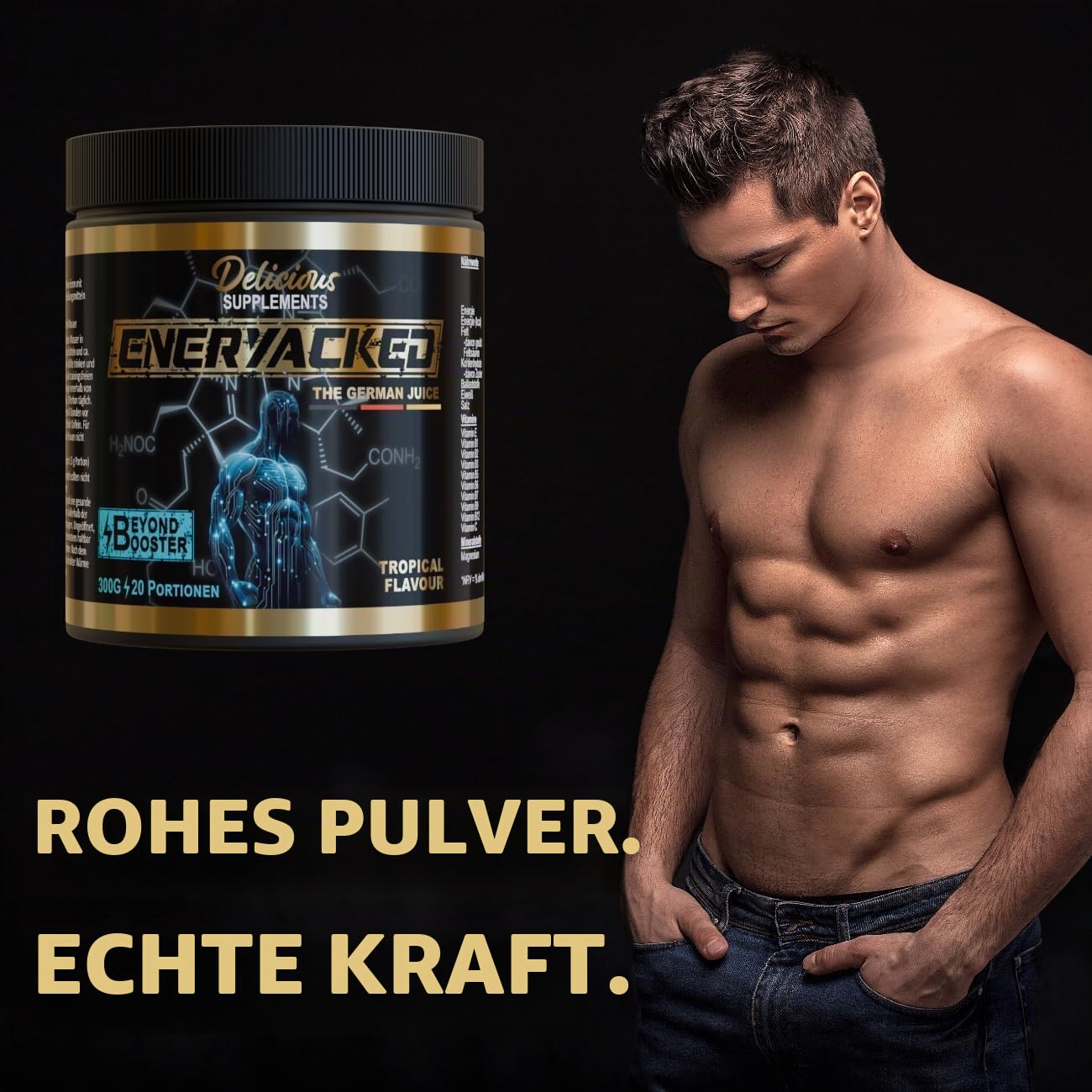 Eneryacked Booster - Pre Workout Booster mit Kreatin Monohydrat, Koffein & Aminosäuren - 60 Portionen (900g) - für Fokusphasen beim Training, mit Geschmack - Delicious Supplements - Made in Germany