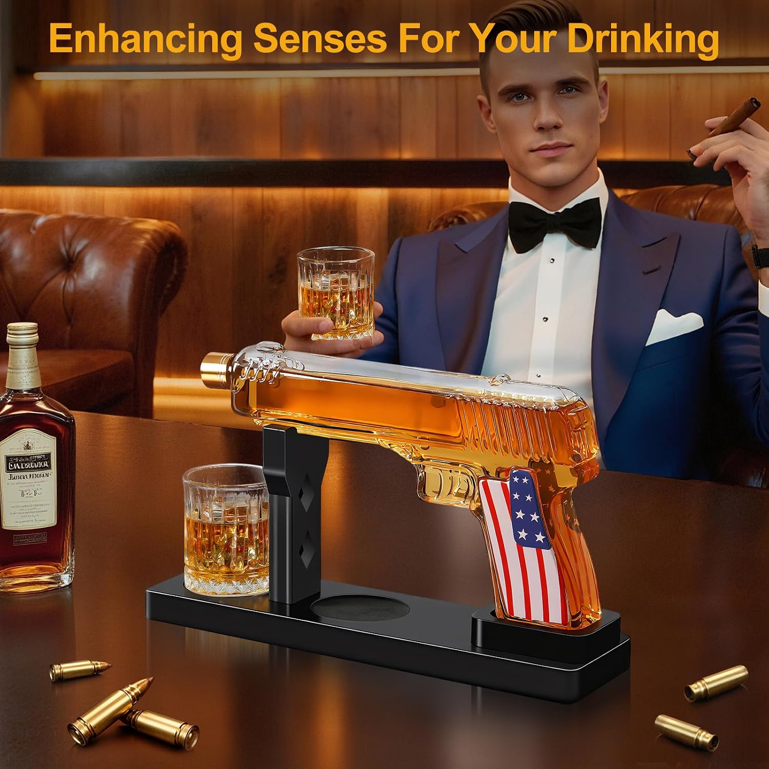 Gifts for Men Dad, LUXULISH Whiskey Gun Decanter Set with American Flag Design, Cool Anniversary Christmas Gift for Him Husband, Dispenser for Bar Drinking Party