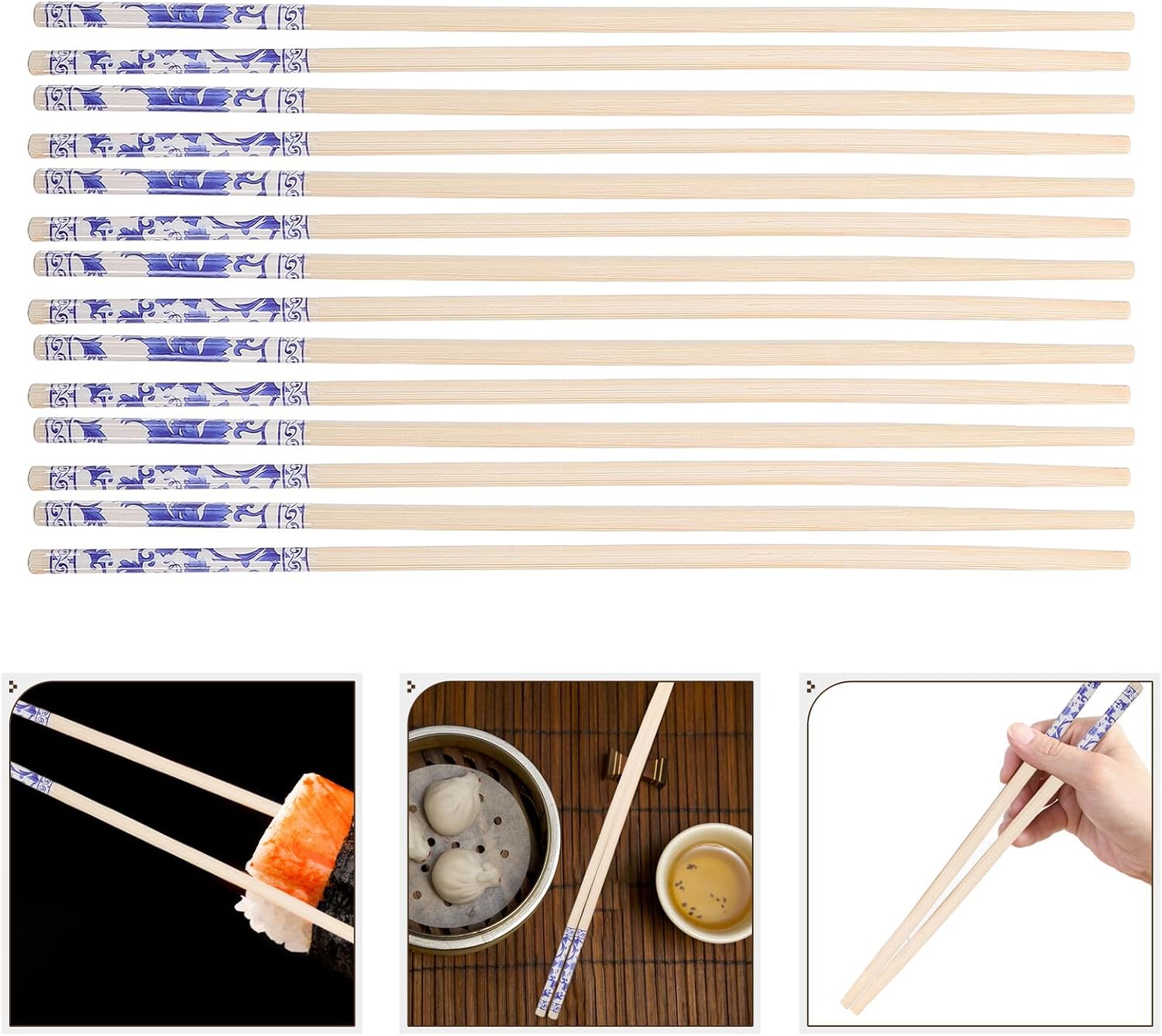 100 Pairs Disposable Chinese Style Chopsticks Blue and White Porcelain Design for Asian Food Sushi Takeout Travel