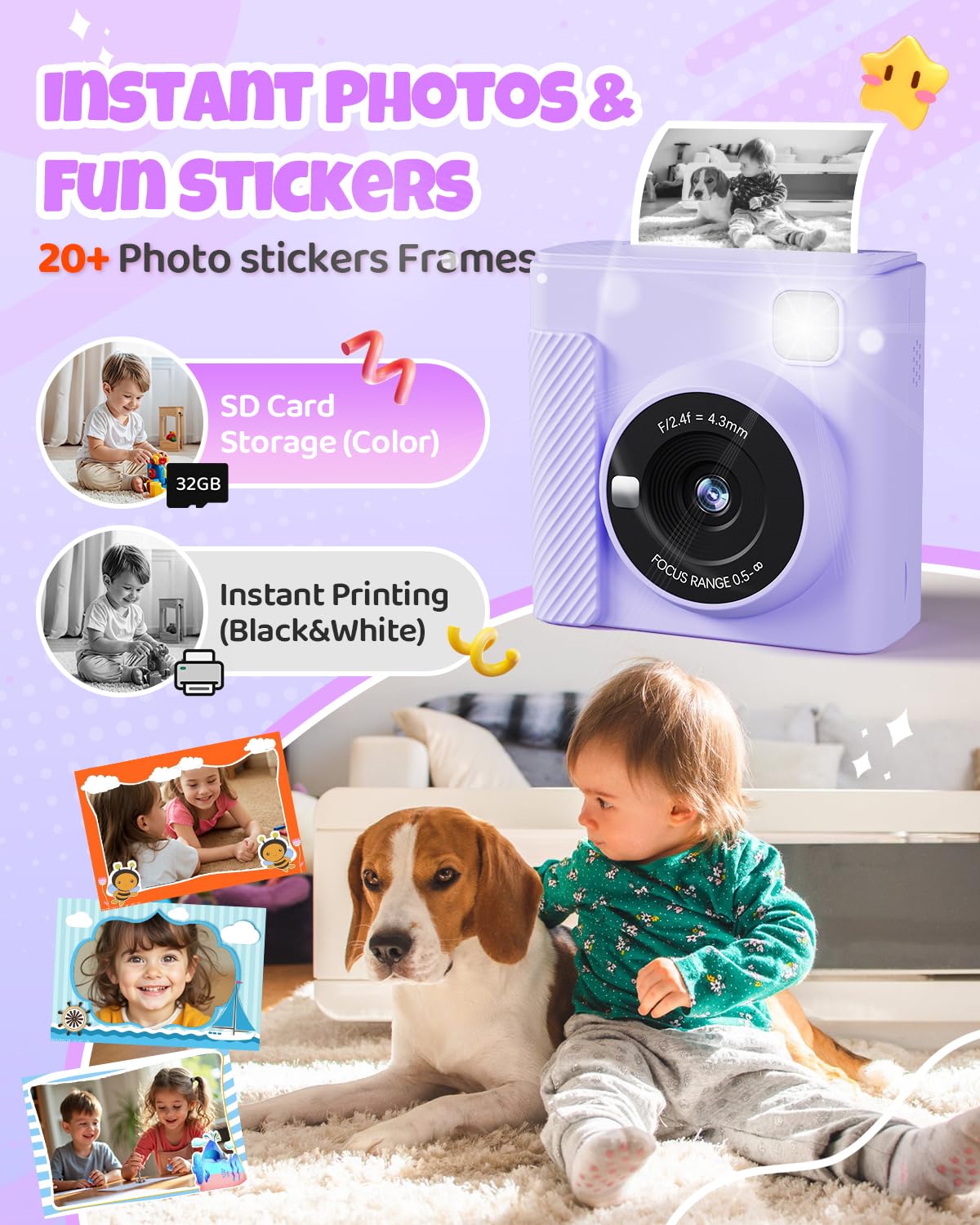 TIATUA Macchina Fotografica Bambini Istantanea, 2.4 Pollici 1080P Fotocamera Digitale Bambini con 32GB Scheda & Papier Photo, Regalo di Natale per Bambini dai 3-12 Anni