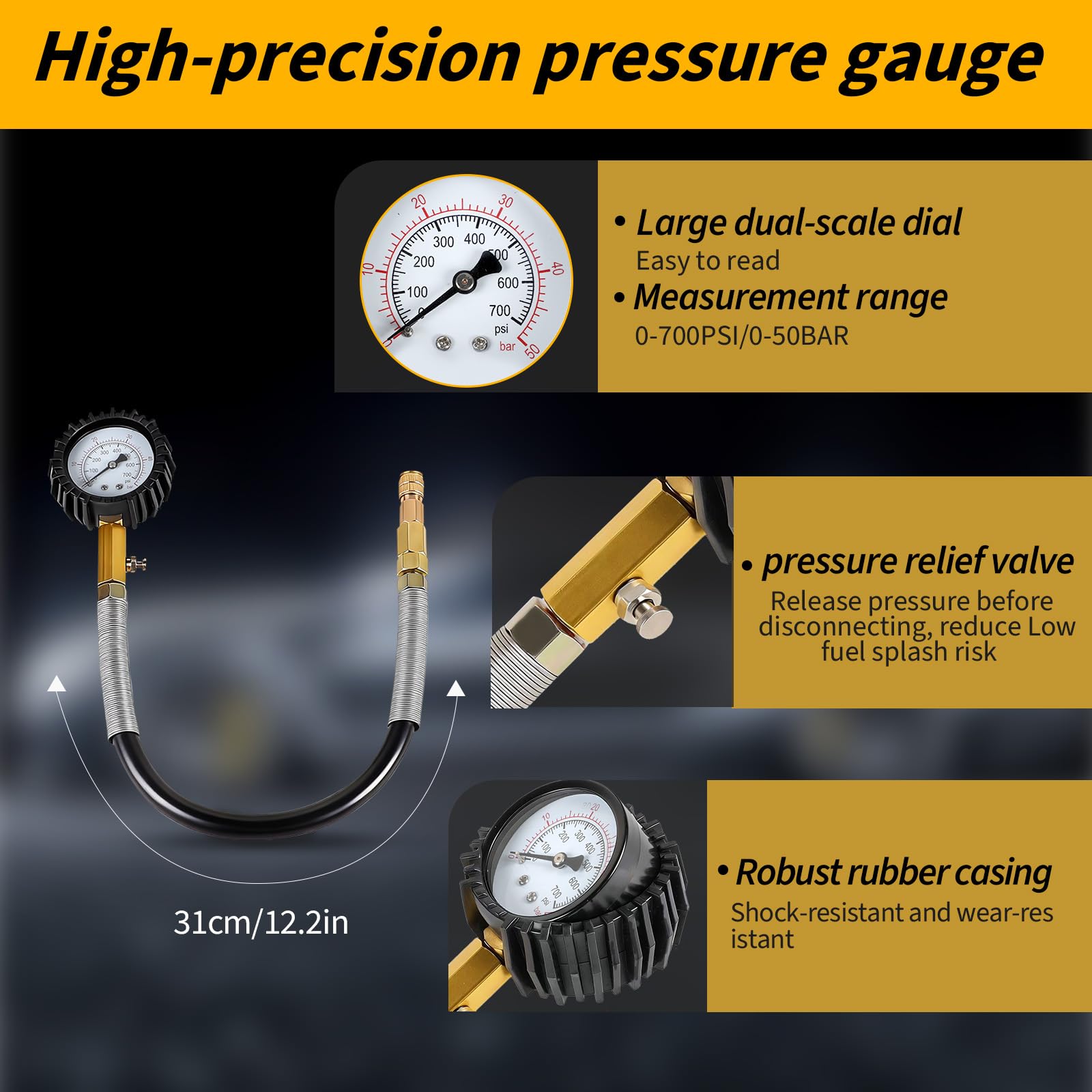 CPROSP 46 Piezas Tester de Compresión y Pérdida de Presión (0-50 Bar / 0-7 Bar), Comprobador de Compresión para Motor de Gasolina/Diésel, Compatible HDI, TDCi, para Coches, Camiones, Autobuses, Motos