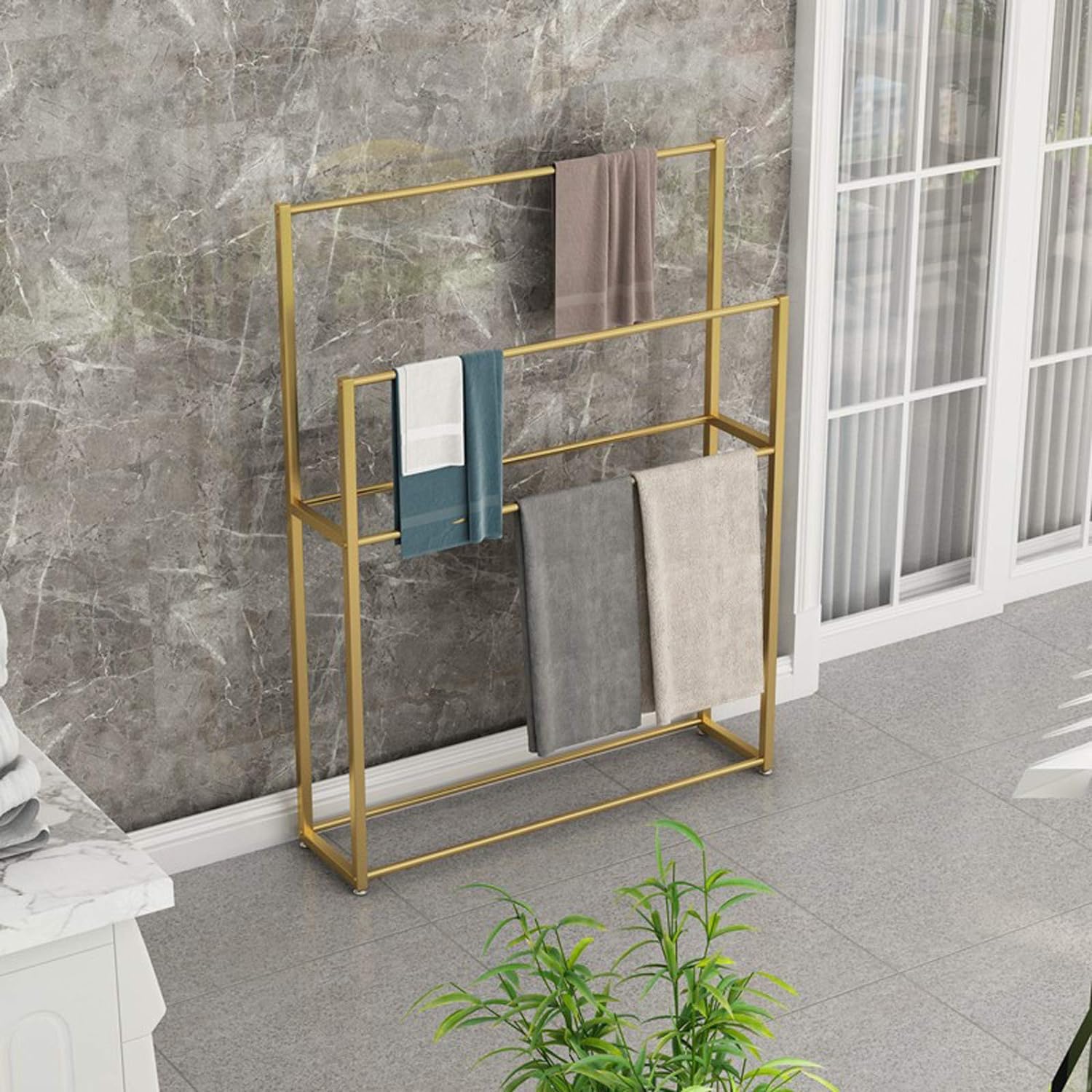 Porta Toallas Baño de Pie, Toallero Independiente Dorado, Soporte para Toallas con 2 Barras, Alto Escalera Toallero de Metal para Toallas, Mantas, Salidas (Gold, 75x20x110 cm)
