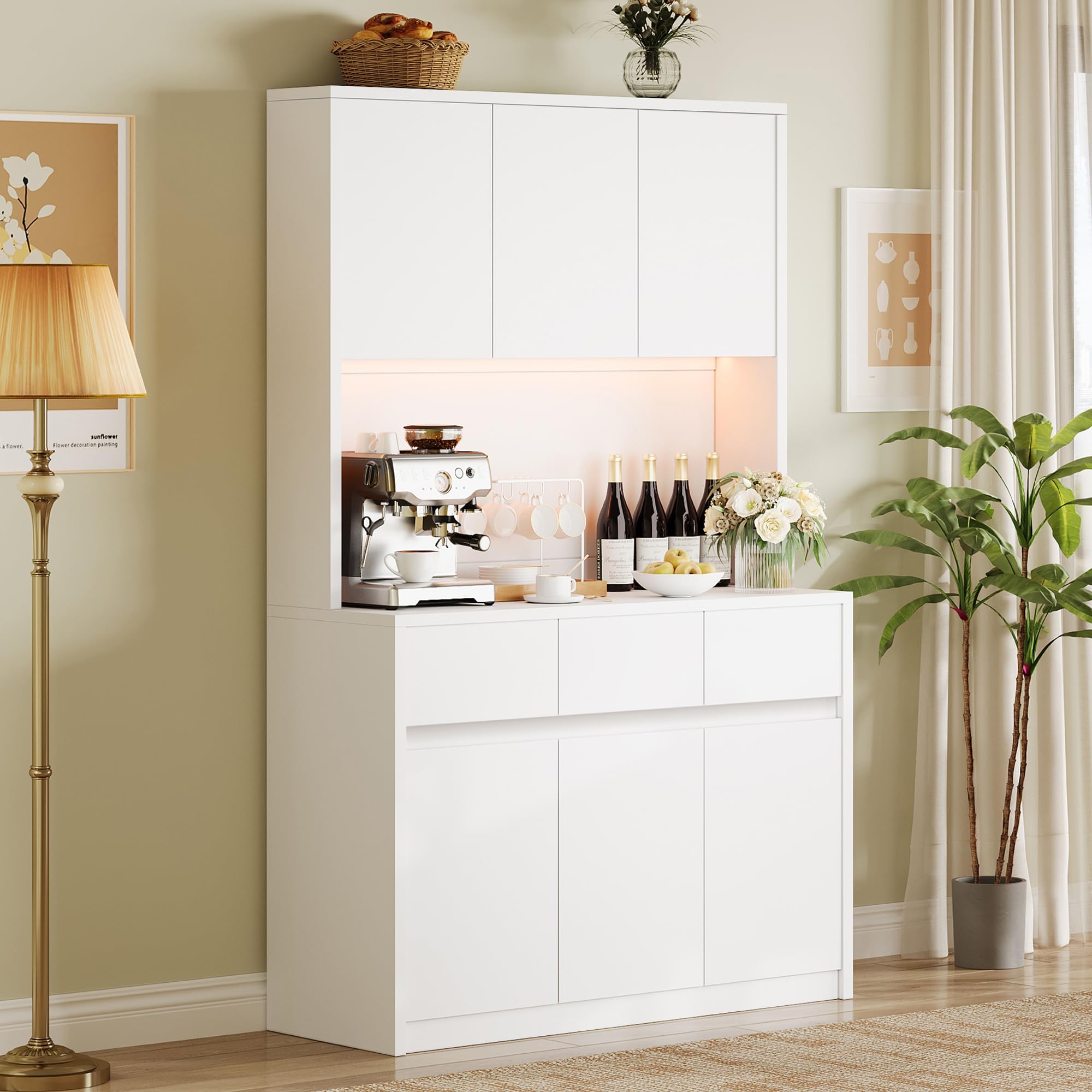 Garvee Kitchen Pantry Cabinet,71 in Tall Storage Cabinet with Doors&amp;Shelves Adjustable, Kitchen Storage Hutch with Microwave Shelf, Led Lights&amp;Charging Station,Corner Pantry Cabinet