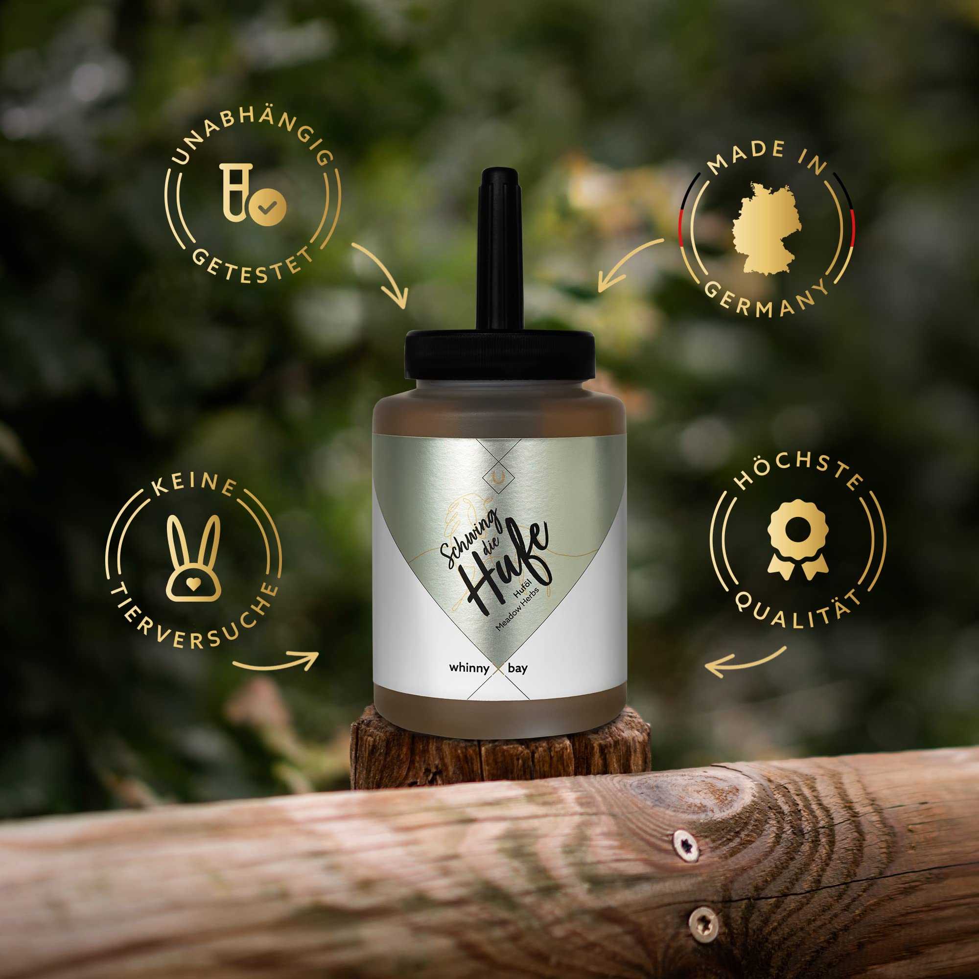 Huföl Schwing die Hufe – natürliches Huföl mit Pinsel und Kräuterduft | Hufpflege zur Stärkung, Feuchtigkeitsversorgung & Schutz, 450ml