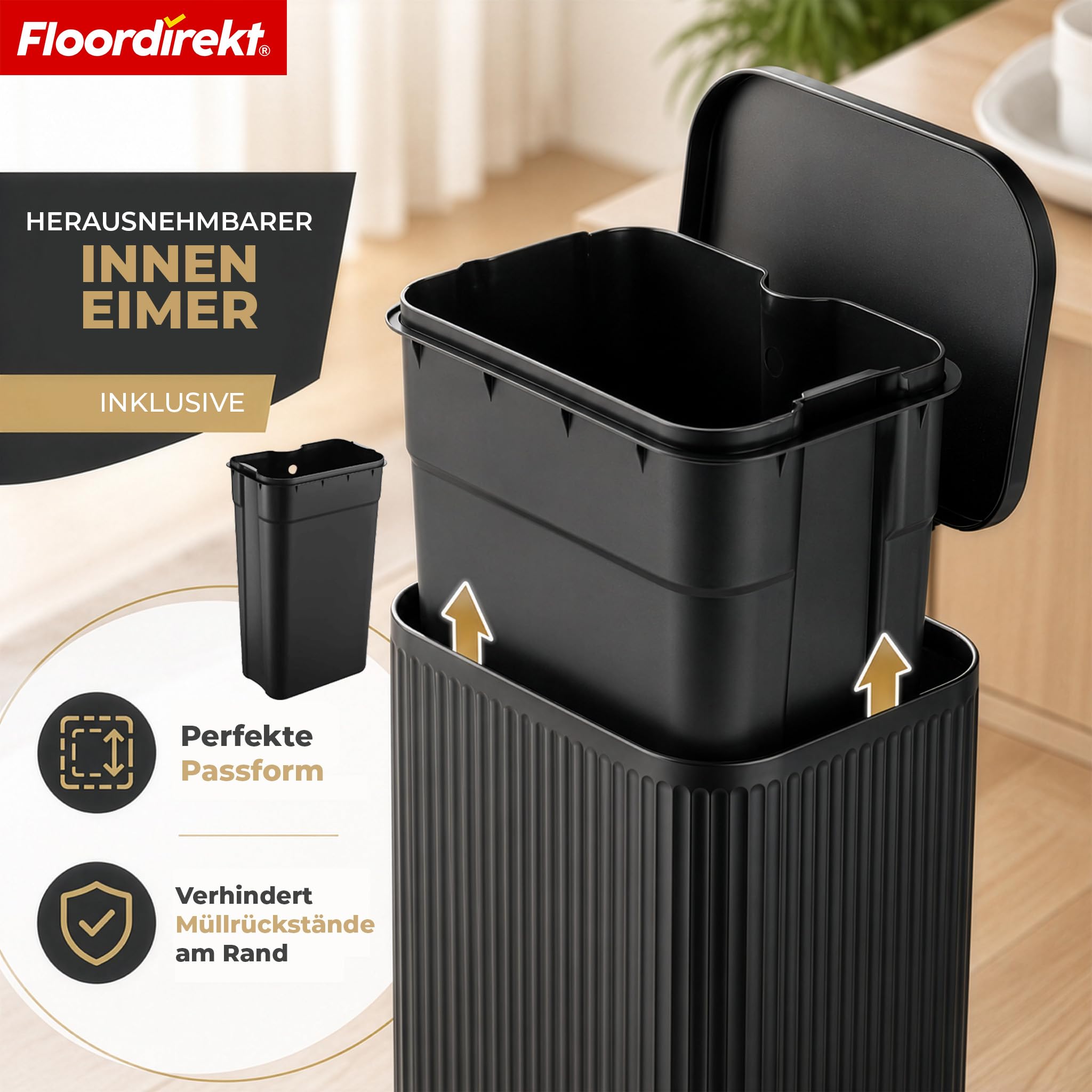 Floordirekt Mülleimer Küche, Liter, Abfalleimer, Treteimer, mit Deckel, Softclose, Fußpedal, Stahl, Inneneimer | Miles | Schwarz | 50 L