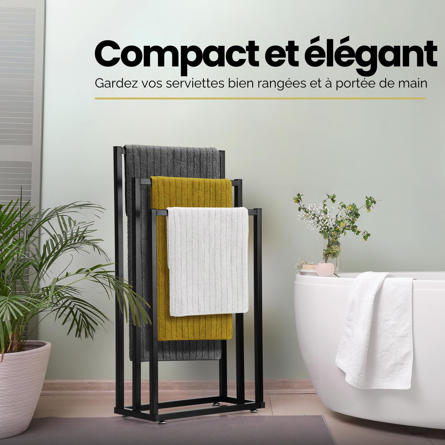 Hanamura Porte Serviette sur Pied – Porte Serviette Salle de Bain Noir à 3 Barres – Support Serviettes Design en Métal Mat