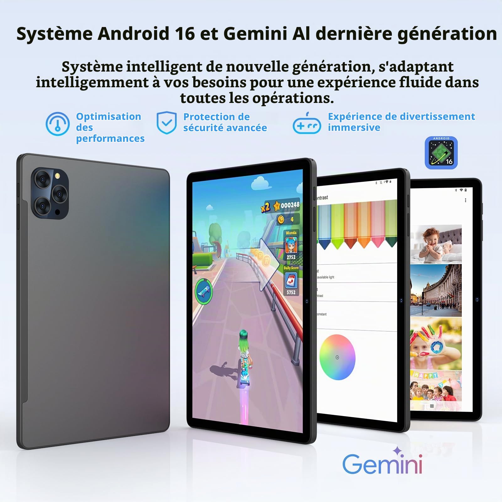 Tablette 11 Pouces Android 16 avec 36Go RAM+512Go ROM (2TB TF),4G LTE & 5G WiFi,Octa-Core 2.0GHz,8000mAh, 13MP+8MP/Widevine L1/Gemini AI/GPS/Face ID/BT 5.0, Tablette Tactile avec Clavier,Noir