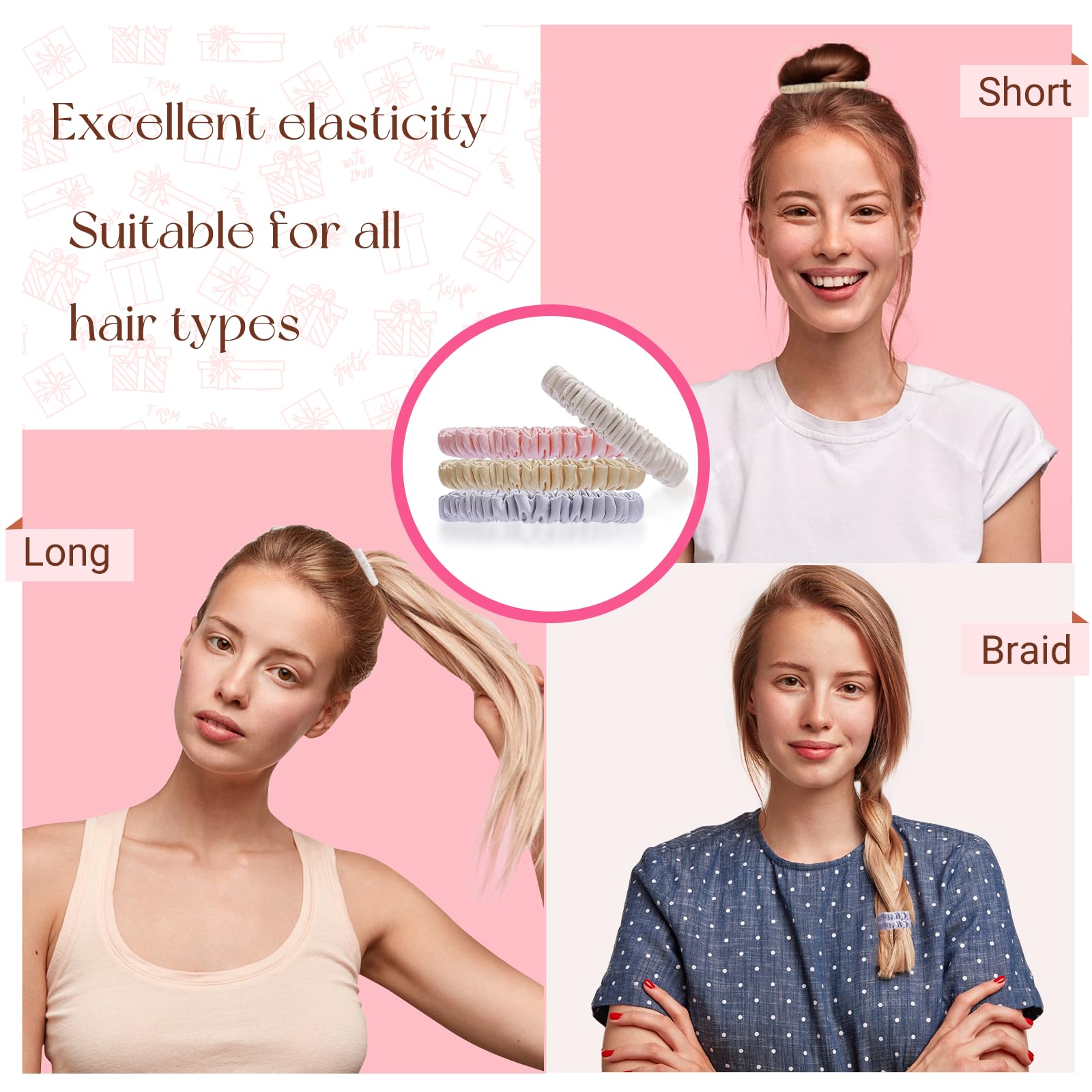 Silk Scrunchies Mulberry Small Pack of 6 Gentle Hair Ties for All Hair Types Amazon.com : 22 Momme 6PCS 100% Mulberry Silk Hair Ties  main image 3