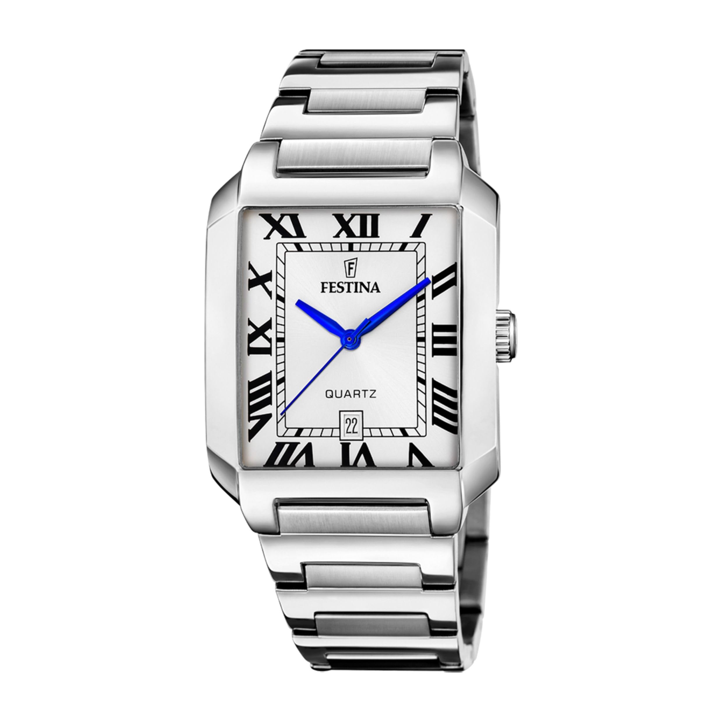 Festina Reloj Hombre Analógico de Acero Inoxidable 316l Plateado - Movimiento de Cuarzo - Calendario - Cristal Mineral de Alta Resistencia - Resistente al Agua 5 ATM F20677/​1 On The Square