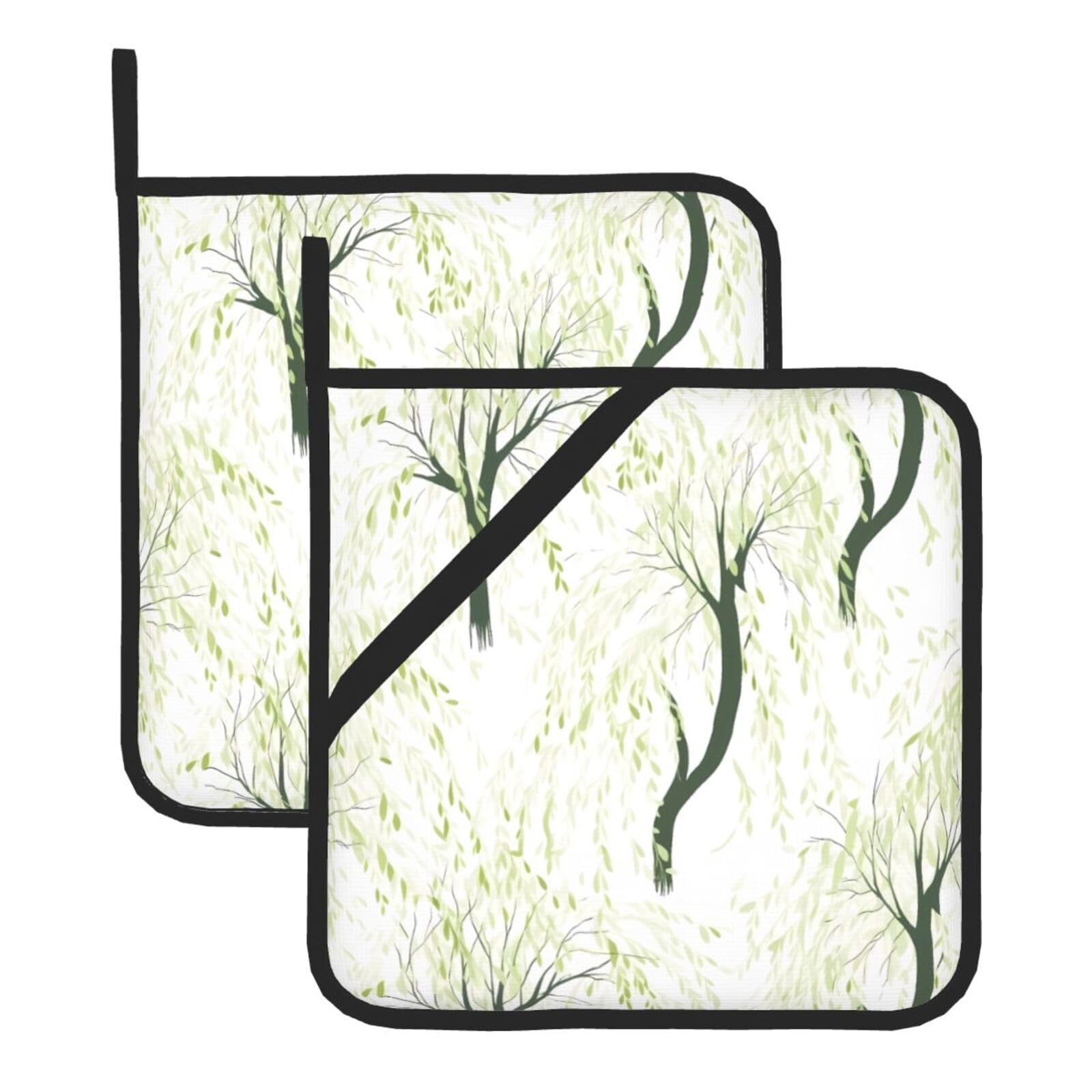 HJFCZH Willow Tree Printed Square Insulated Pot Mat Set (2-Piece) 8x8in Waterproof, Thickened & Easy to Clean with Lanyard Design for Kitchen, Oven & BBQ