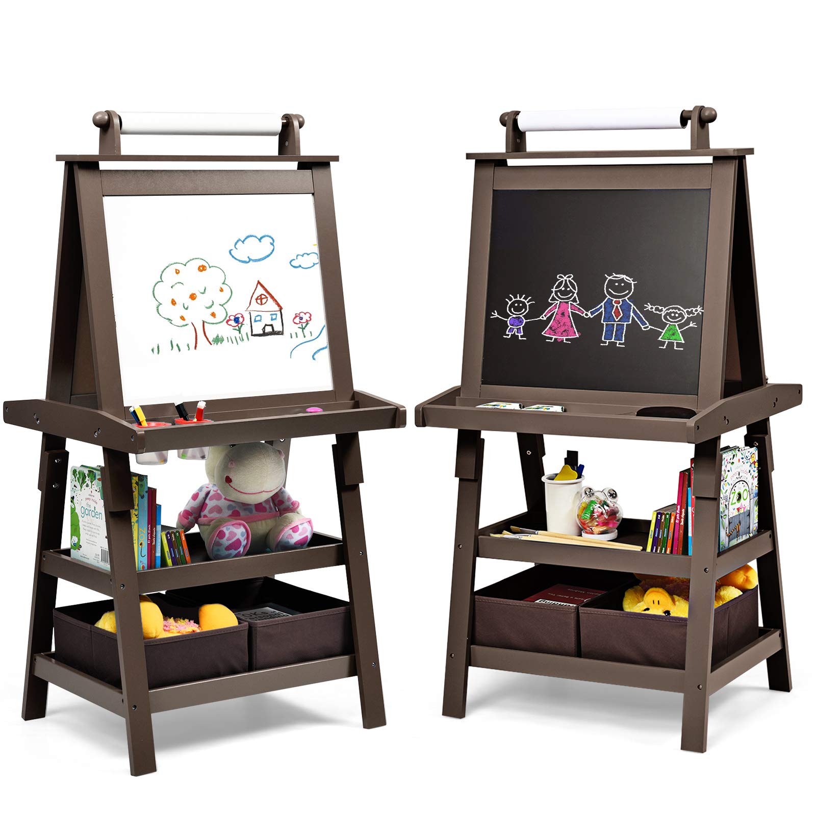 DREAMADE Chevalet Peinture pour Enfants avec Double Faces Noir et Blanc, Table àDessin pour Fille et Garçon avec 2 Étagères de Rangement, Multifonctionnel avec Accessoires Riches (Café)