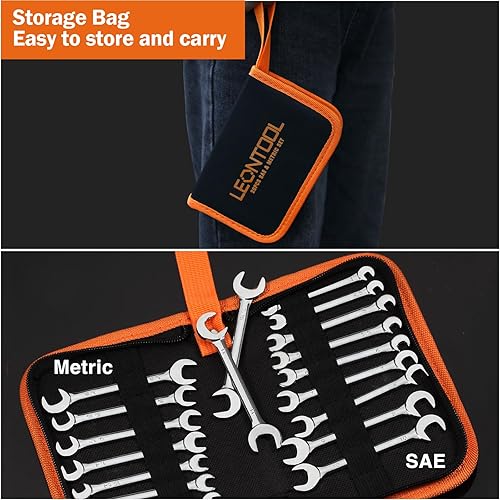 Miniatura 5 de Juego de llaves mini de extremo abierto dobles métricas y SAE 20 piezas 4-11mm y 532" a 716" acabado cromado espejo súper delgadas llave de extremo