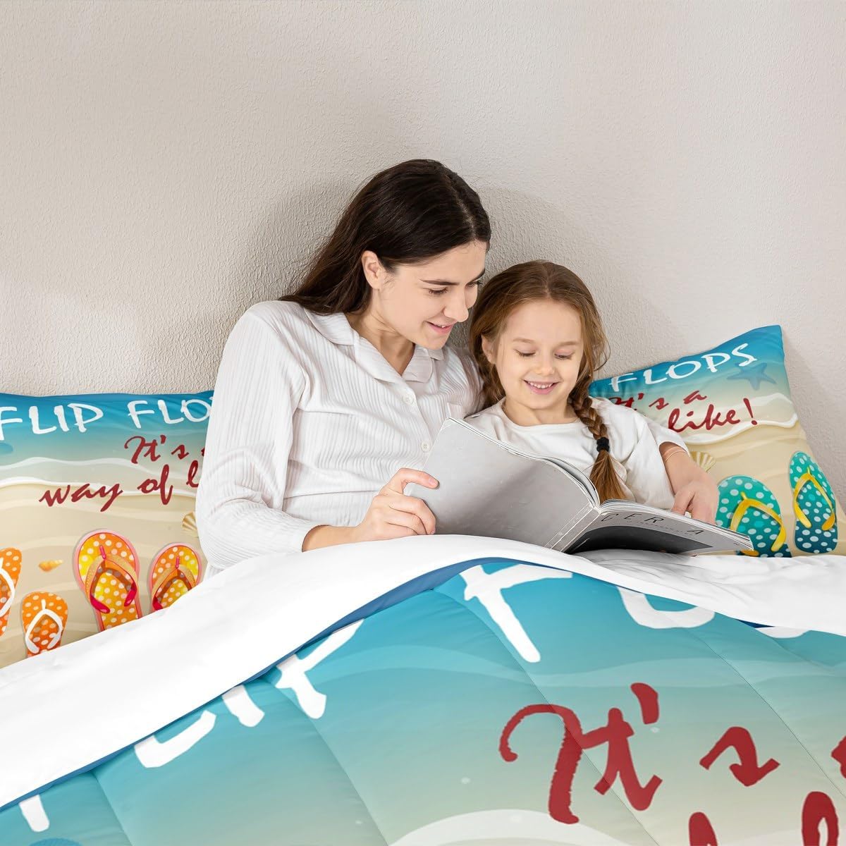 Beach Comforter Set Queen Size Watercolor Flip Flops Bedding Set 3pcs for Kids Boys Teens Girls Room Decor Ocean Beach Holiday Quilted Duvet Romantic Hawaii Style Duvet Insert,2 Pillowcases