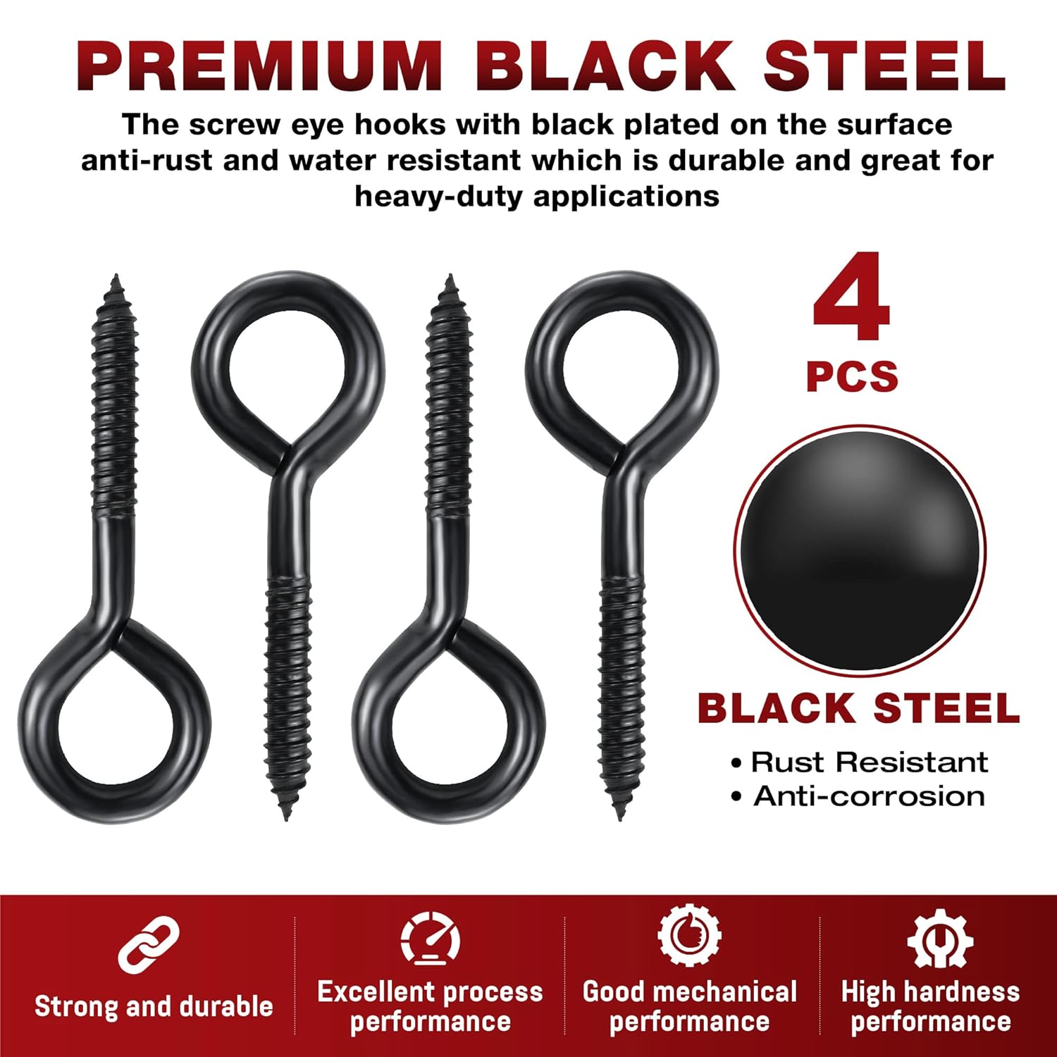 6 Inch Heavy Duty Black Screw Eyes Hooks, 700LBS Breaking Strength, 4PCS Self Tapping Eyelet Screw Eye Bolts, Screw in Eye Hooks for Wood Securing Cables Wire, Heavy Indoor & Outdoor Uses - Image 4