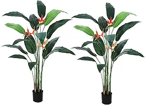 Artificial Bird of Paradise Tree 6FT(72in) Fake Palm Tree for Indoor Outdoor Modern Decor Faux Plants for Home Office Perfect Housewarming Gift with 14 Trunks Faux Leaves and 3 Flowers 2 Pack