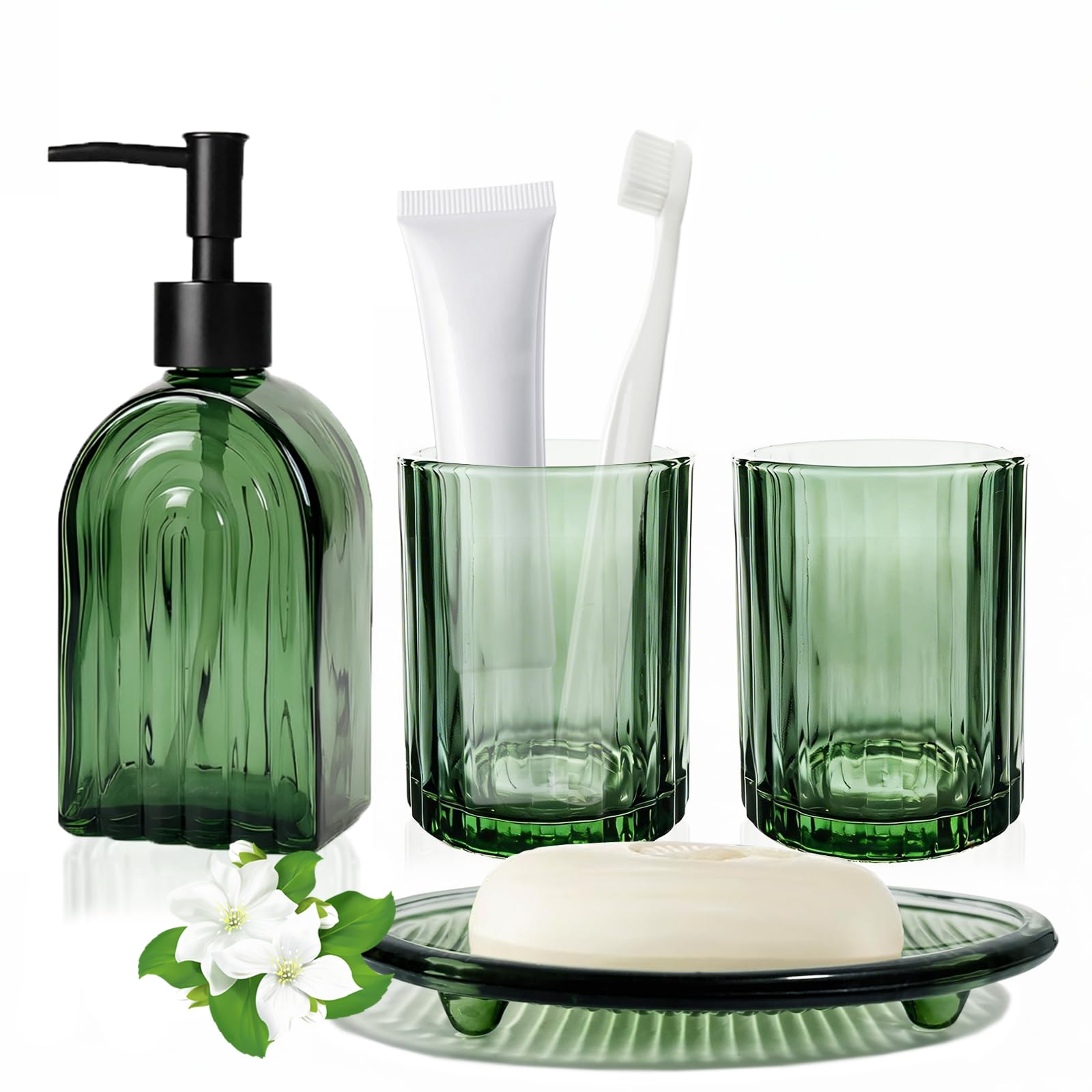 Juego de 4 accesorios de baño de cristal verde con rayas anchas | Compuesto por dispensador de jabón, vaso para enjuague bucal y jabonera para lavabo, baño y tocador.