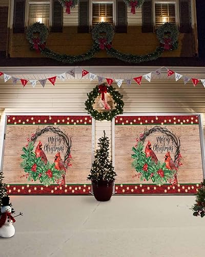 Miniatura 3 de Pancarta de Navidad para puerta de garaje, 7 x 8 pies, diseño de árbol de acebo, árbol de madera retro, decoración de puerta de garaje, decoración