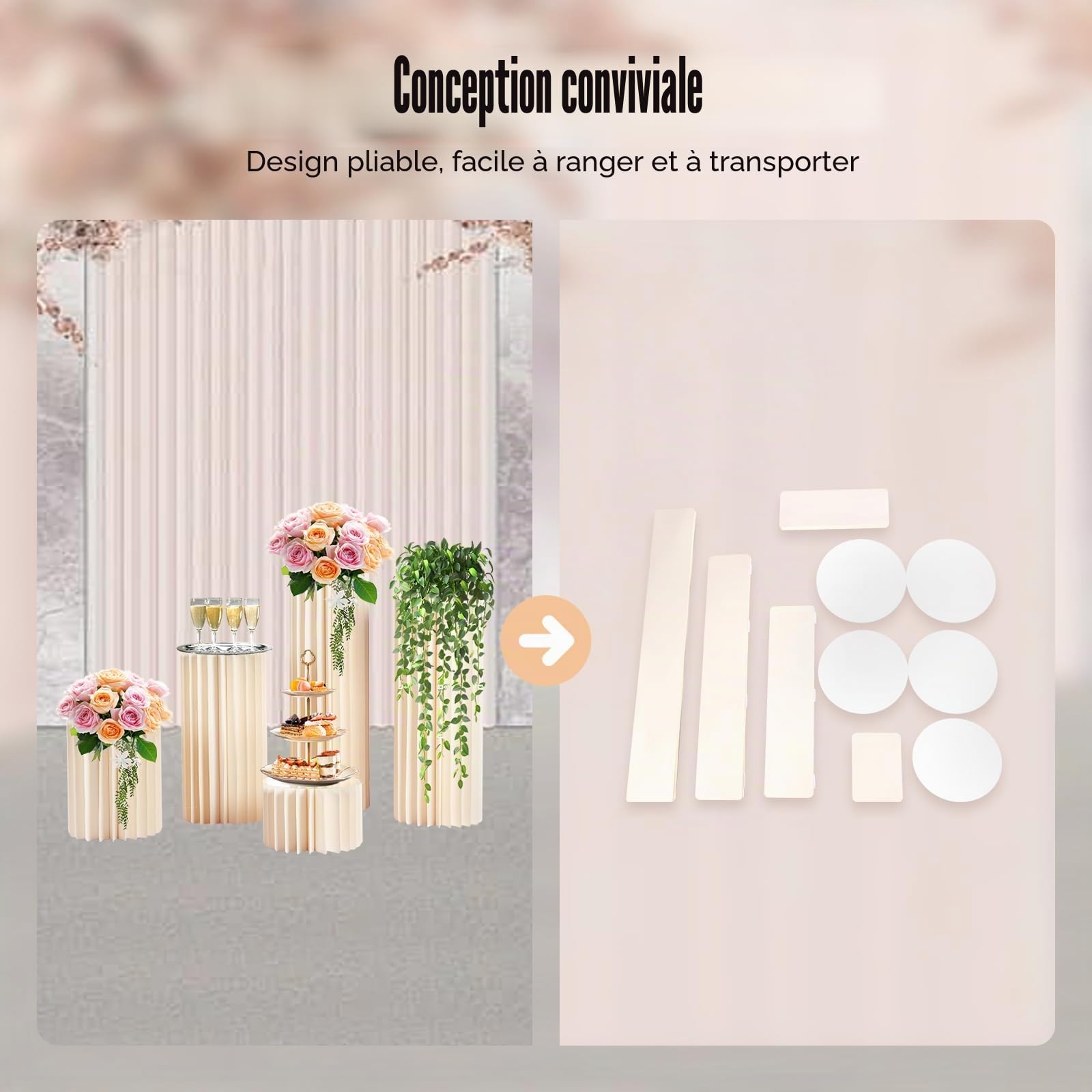 Lot de 5 supports de fleurs pliables en papier blanc, 20/40/60/80/100 cm de haut, en papier blanc, support à gâteau, support cylindrique avec panneau en PVC, présentoir pour mariage, anniversaire