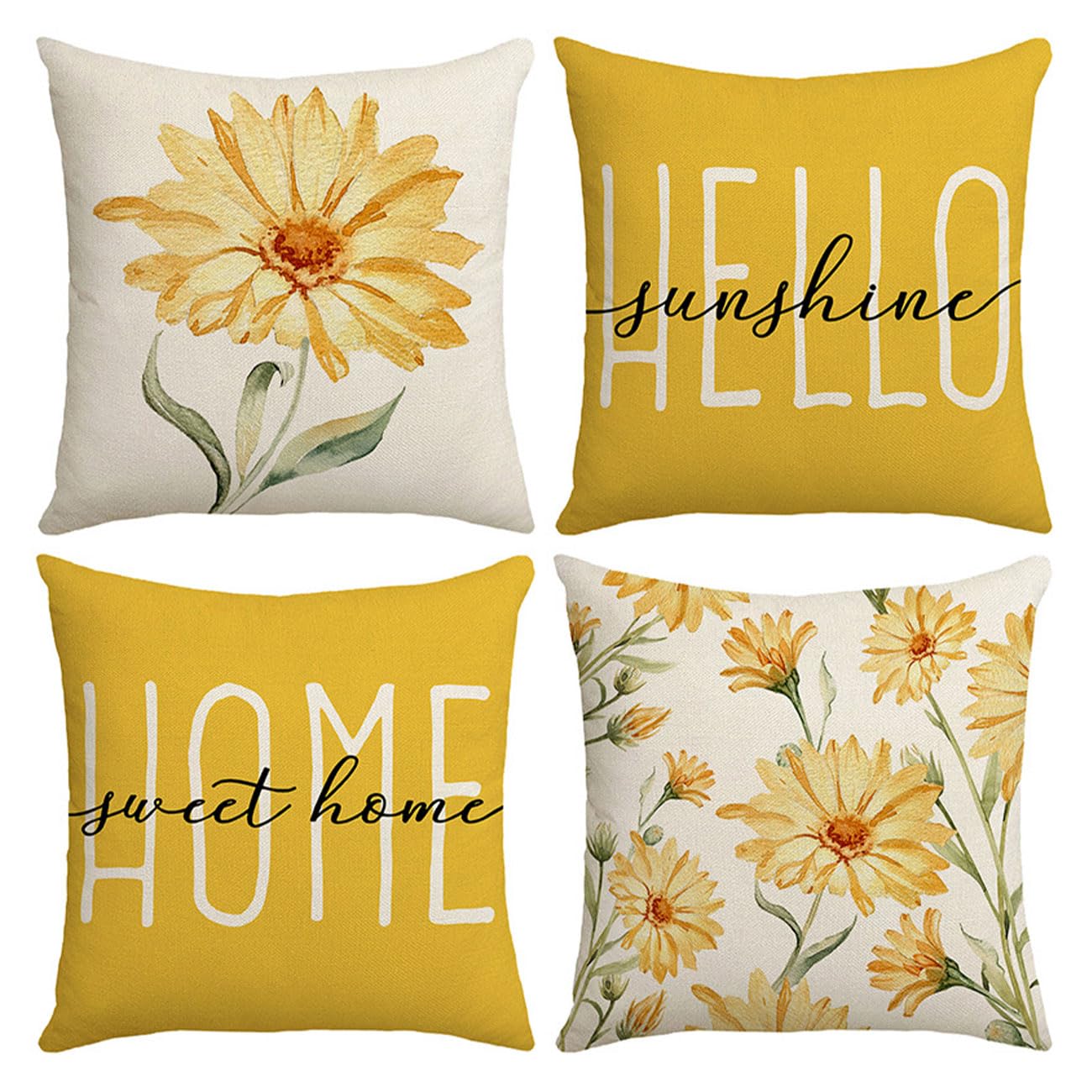 Auriselle Set of 4 Linen Cushion Covers 45 x 45 cm, Modern Decorative Sofa Cover, Floral Print, Decorative Cushion Cover, Living Room, Bedroom, Invisible Zip, Yellow