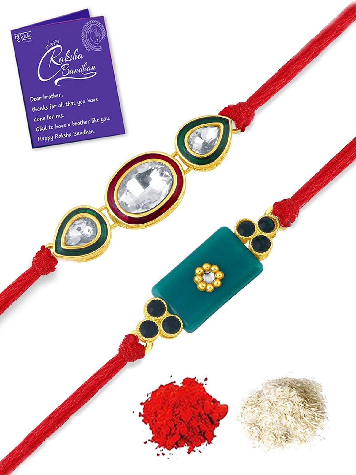 Sukkhi Rakhi Comely Kundan Rakhi Combo & Designer Gold Plated Premium Rakhi for Brother, Roli Chawal & Greeting Card|Rakhi for Bhaiya|Rakhi for MEN|Kundan Rakhi|Rakhi Combo-Set of 2 |CBRAK105032 (B0C7W3W1HK) Amazon Price History, Amazon Price Tracker