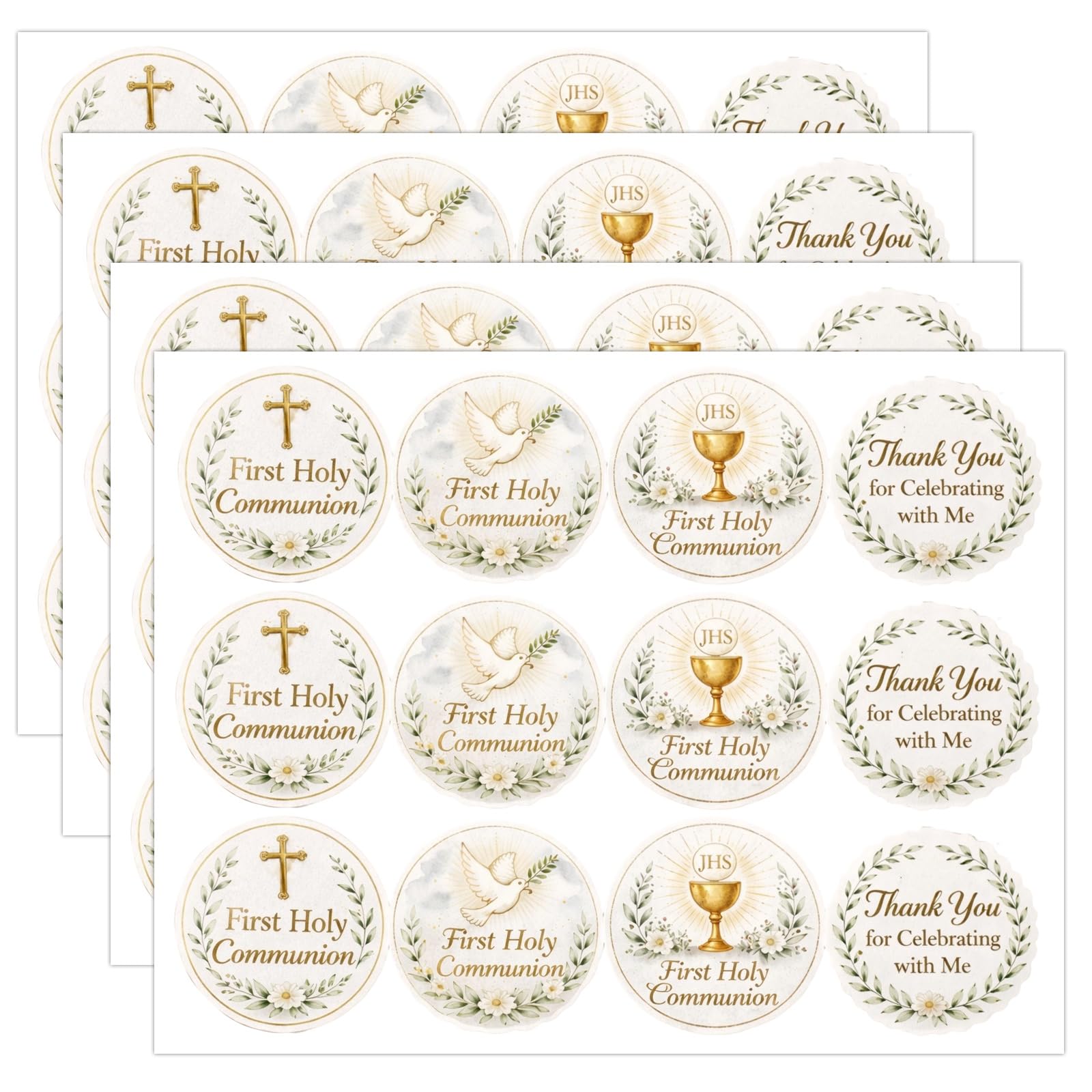 4 Pcs First Communion Stickers, Thank You for Celebrating with Us Stickers, Gold Round Adhesive Labels Stickers for Gift Bags, Party Bags, Wedding, Envelope Seals, Small Business