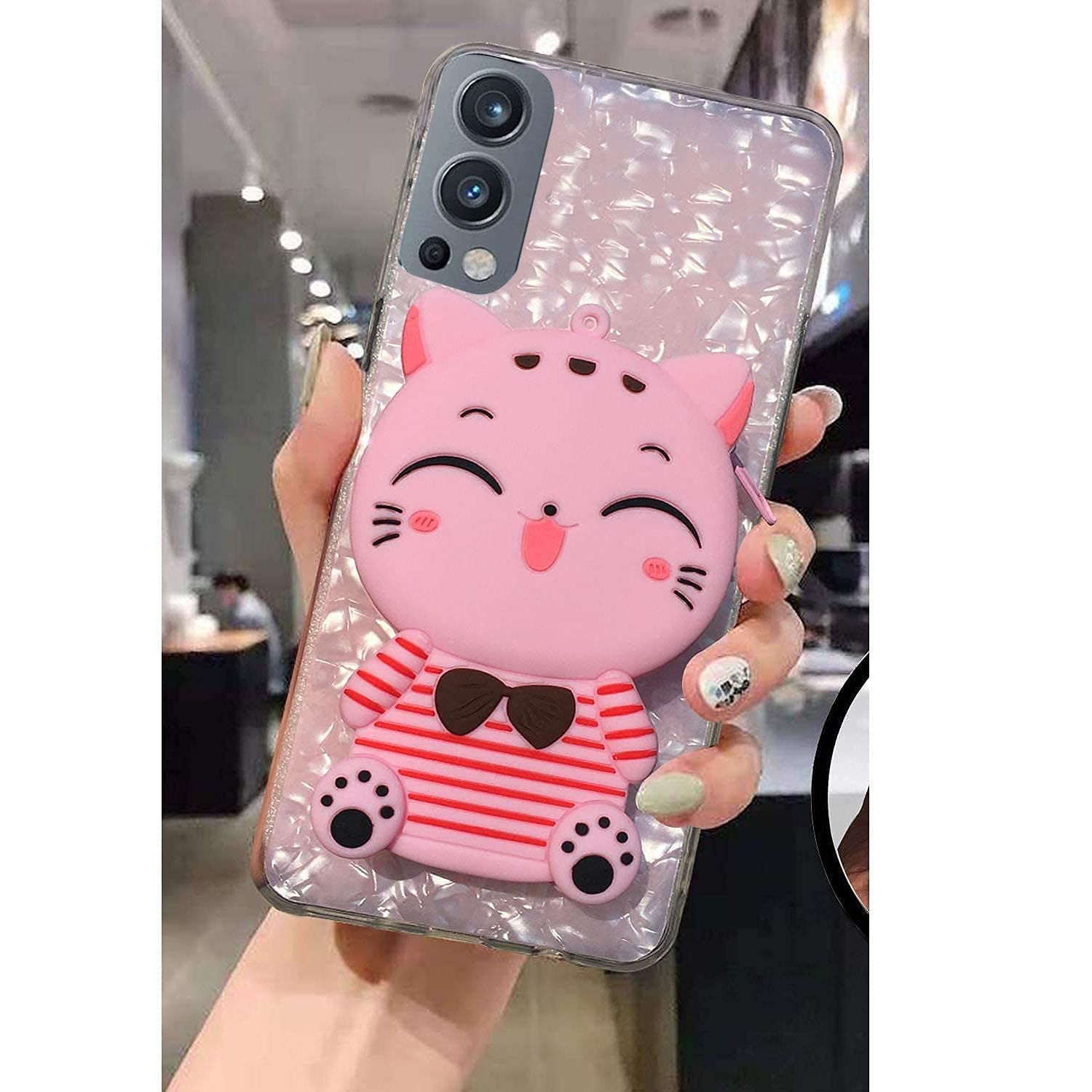 KC Back Cover for Oneplus Nord 2 5G, 3D Cat Pocket Cute Cartoon Purse Stand Holder, Squishy Soft Silicone Protective Case (Pink)