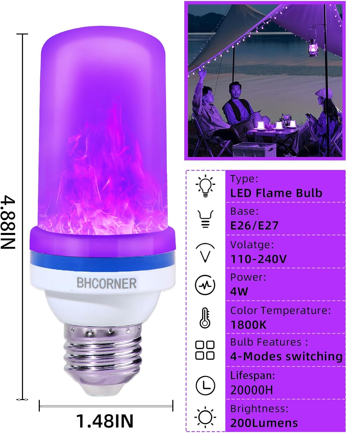 [Smaller Size] LED Purple Flame Light Bulbs - Halloween Flickering Light Bulb with Gravity Sensing Effect, E27 Base Christmas Purple Light Bulbs Outdoor, 3W Vintage Flame Bulb (2 Pack)
