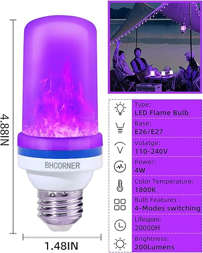 Miniatura 4 de BHCORNER Bombillas LED más pequeñas de llama morada, bombillas decorativas de Halloween, base E26E27, bombillas parpadeantes moradas navideñas para