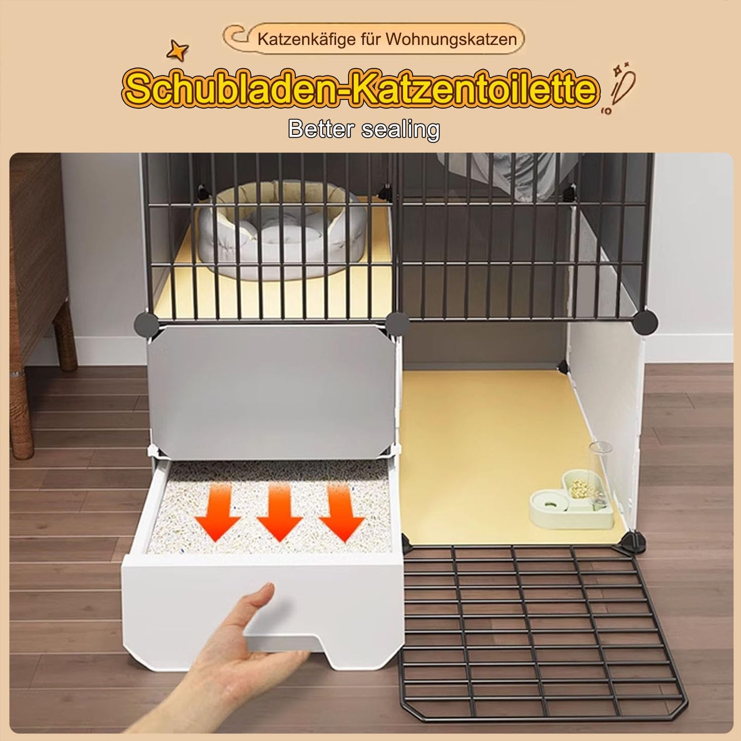 Gabbia per Gatti, recinto per Gatti da Interno, Gabbia Fai da Te per Gatti con lettiera Estraibile, Pannello in PVC + Struttura in Metallo, Facile da Pulire (Dimensioni: 147x49x109 cm)