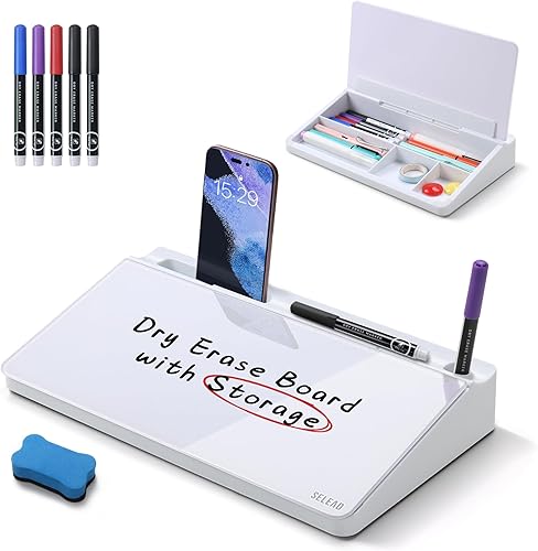 Miniatura 18 de SELEAD - Pizarra blanca de escritorio de vidrio con almacenamiento, pizarra pequeña de borrado en seco, teclado con soporte para computadora,